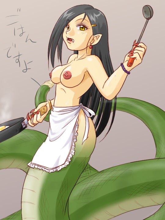 purple bonus, translation request, 1girl, apron, breasts, cooking, earrings, fangs, female focus, fingernails, grey background, jewelry, lamia, long fingernails, long hair, monster girl, nail (hardware), naked apron, nipples, pointy ears, scales, sharp fingernails, simple background, solo, topfreedom, topless female