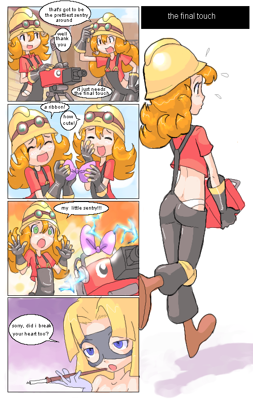 captain (artist), captain (drawfag), blu spy (tf2), engineer (tf2), red engineer (tf2), spy (tf2), 4chan, team fortress 2, 2girls, animification, ass, black overalls, blouse, cigarette, comic, english text, failure, genderswap, genderswap (mtf), mask, multiple girls, overalls, panties, red shirt, shirt, smoking, underwear, valve