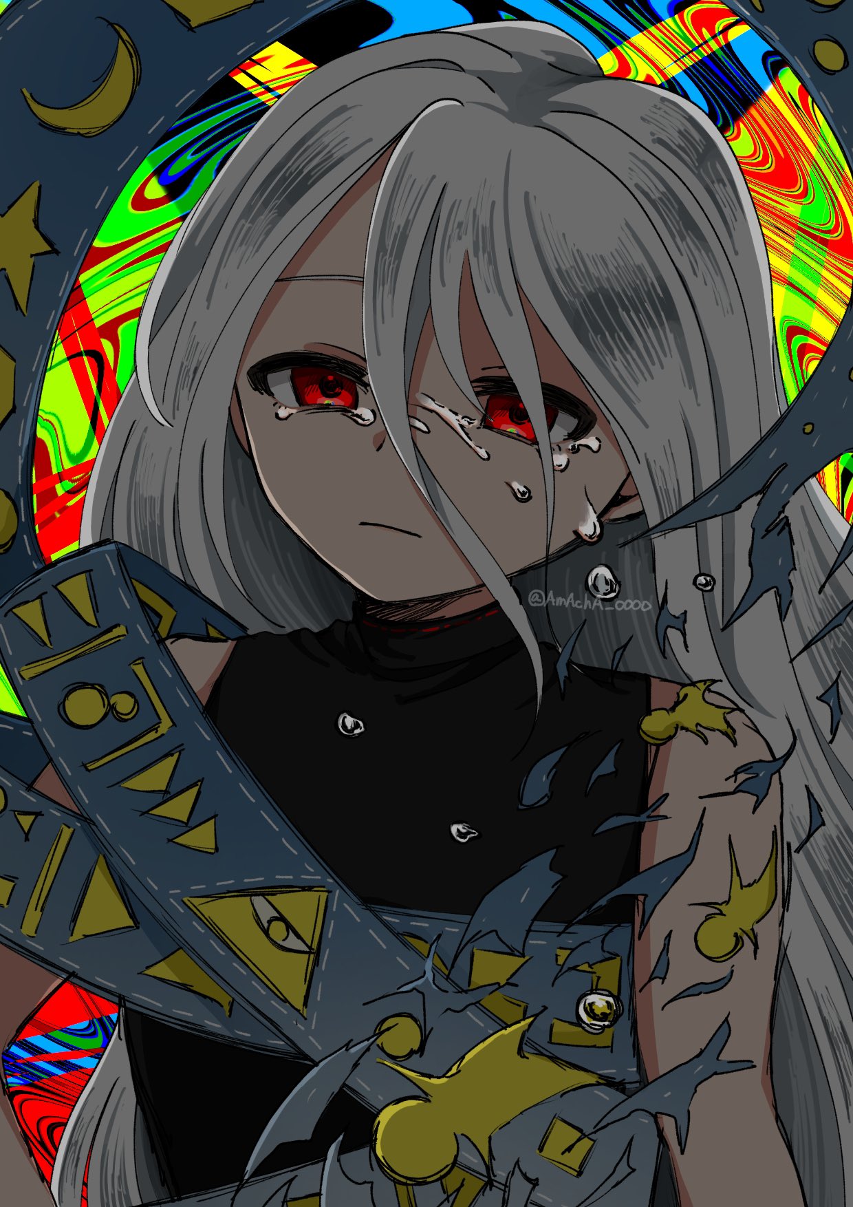 amacha 0000, yuiman asama, fossilized wonders, touhou, highres, 1girl, black dress, crescent, crying, crying with eyes open, dress, eye of providence, flat chest, grey hair, hair between eyes, long hair, long hair between eyes, play button, red eyes, ribbon around body, sleeveless, sleeveless dress, solo, tears, triangle, twitter username, upper body