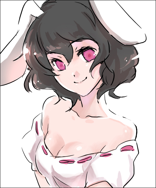 sauna (sauna d), inaba tewi, touhou, bad id, bad pixiv id, 1girl, aged up, animal ears, bare shoulders, black hair, breasts, cleavage, female focus, grownup, rabbit ears, red eyes, short hair, sketch, smile, solo