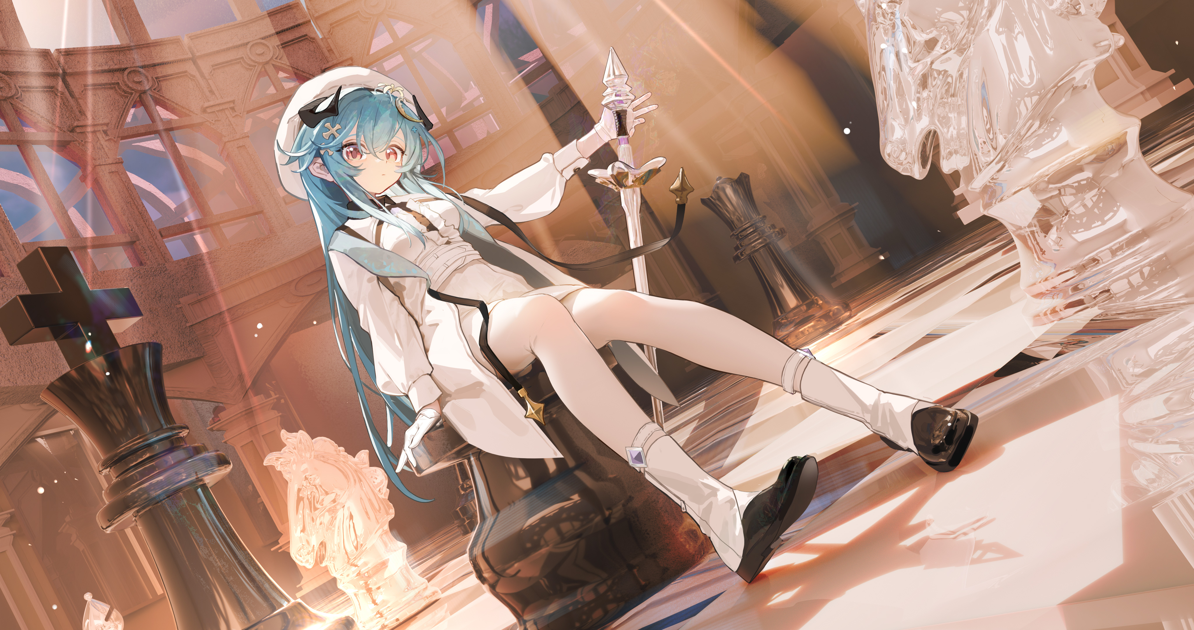 kele mimi, original, absurdres, highres, 1girl, blue hair, boots, chess piece, demon girl, demon horns, gloves, holding, holding staff, horns, king (chess), knight (chess), pantyhose, queen (chess), red eyes, staff, white gloves, white pantyhose