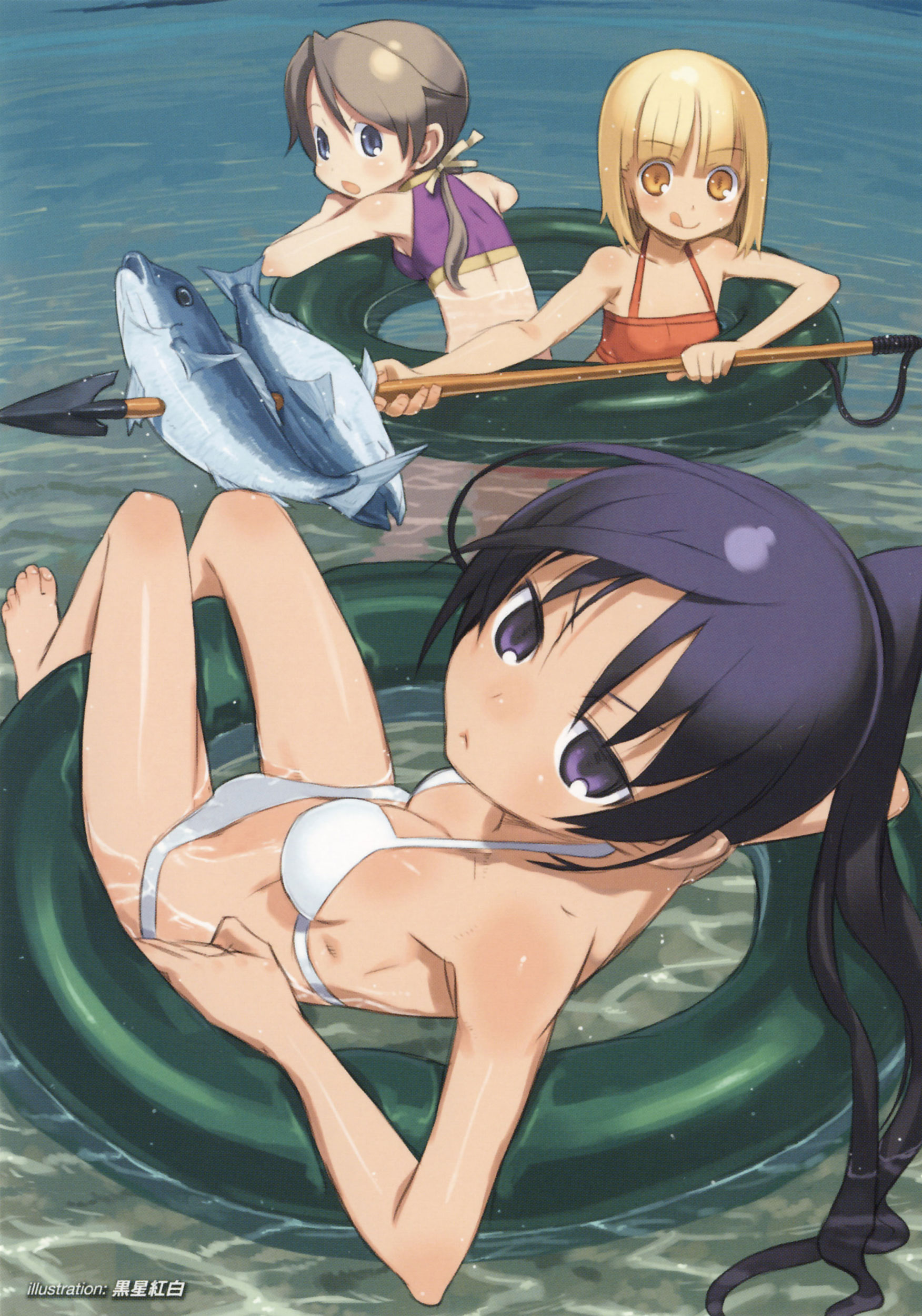 kuroboshi kouhaku, ichijou eika, sakurano otoha, sonomiya karen, sky girls, eyebrows, absurdres, highres, 00s, 3girls, :<, :q, barefoot, bikini, black hair, blonde hair, blue eyes, blue hair, blush, body blush, bra, breasts, brown eyes, brown hair, chestnut mouth, closed mouth, collarbone, fish, fishing, foreshortening, full body, hair between eyes, hair ribbon, halterneck, head tilt, high ponytail, holding, innertube, lingerie, long hair, looking at viewer, looking back, lying, medium breasts, multiple girls, ocean, on back, one-piece swimsuit, orange eyes, orange one-piece swimsuit, partially submerged, polearm, ponytail, purple bikini, purple eyes, ribbon, short hair, small breasts, smile, soaking feet, spear, standing, strap gap, swim ring, swimsuit, tongue, tongue out, underwear, water, weapon, white bikini, yellow eyes, yellow ribbon