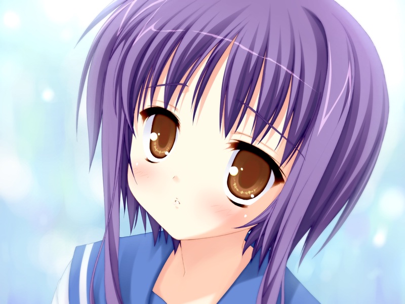 kobuichi, mikage sumi, bra-ban!, game cg, 1girl, brown eyes, female focus, purple hair, school uniform, serafuku, solo