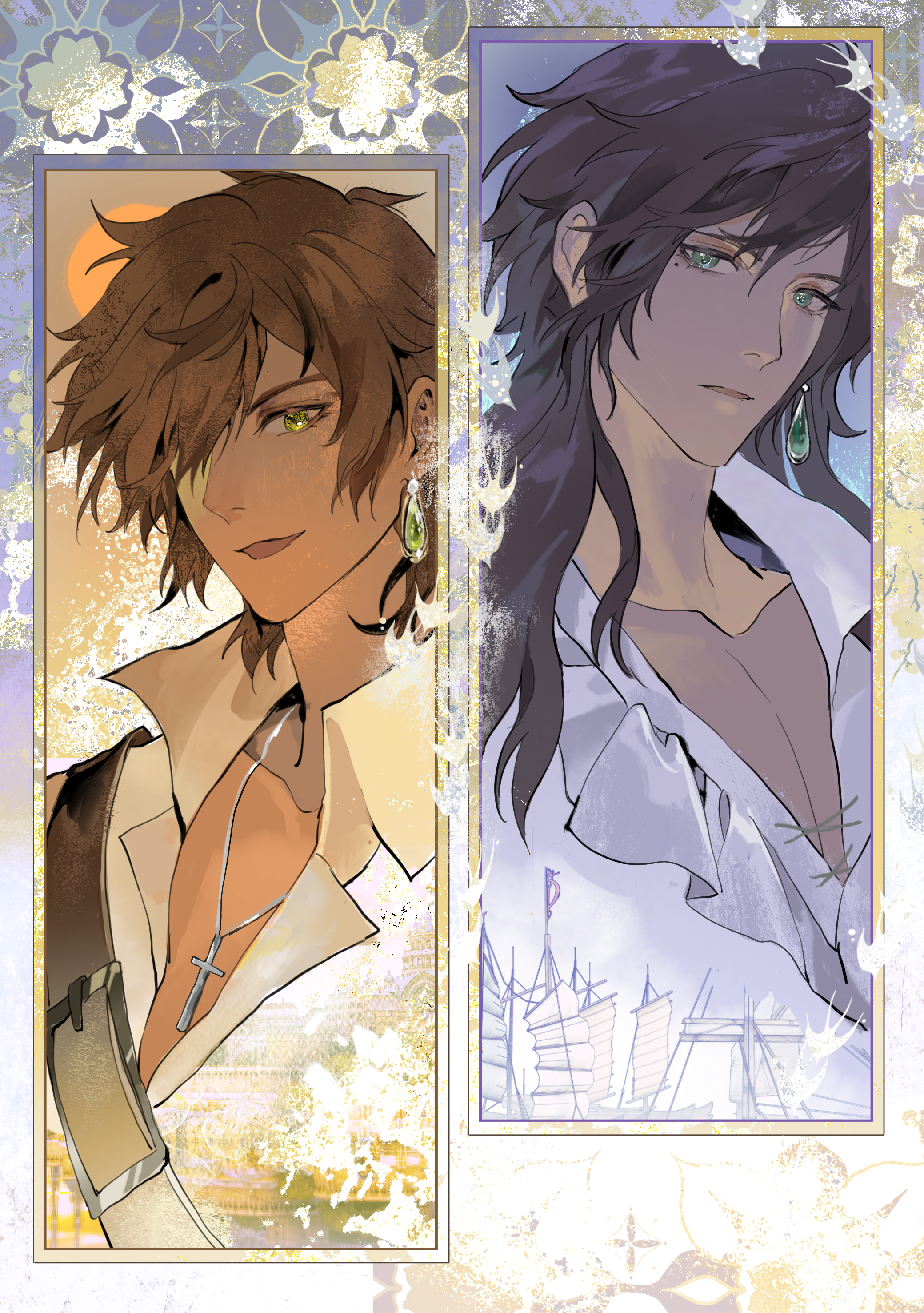 portugal (hetalia), spain (hetalia), axis powers hetalia, absurdres, highres, 2boys, brown hair, collared shirt, cross, cross necklace, earrings, green eyes, hair over one eye, jewelry, latin cross, long hair, looking at viewer, male focus, mole, mole under eye, multiple boys, necklace, open mouth, shirt, short hair, smile, wavy hair, white shirt, yuxiyuxigunaoi
