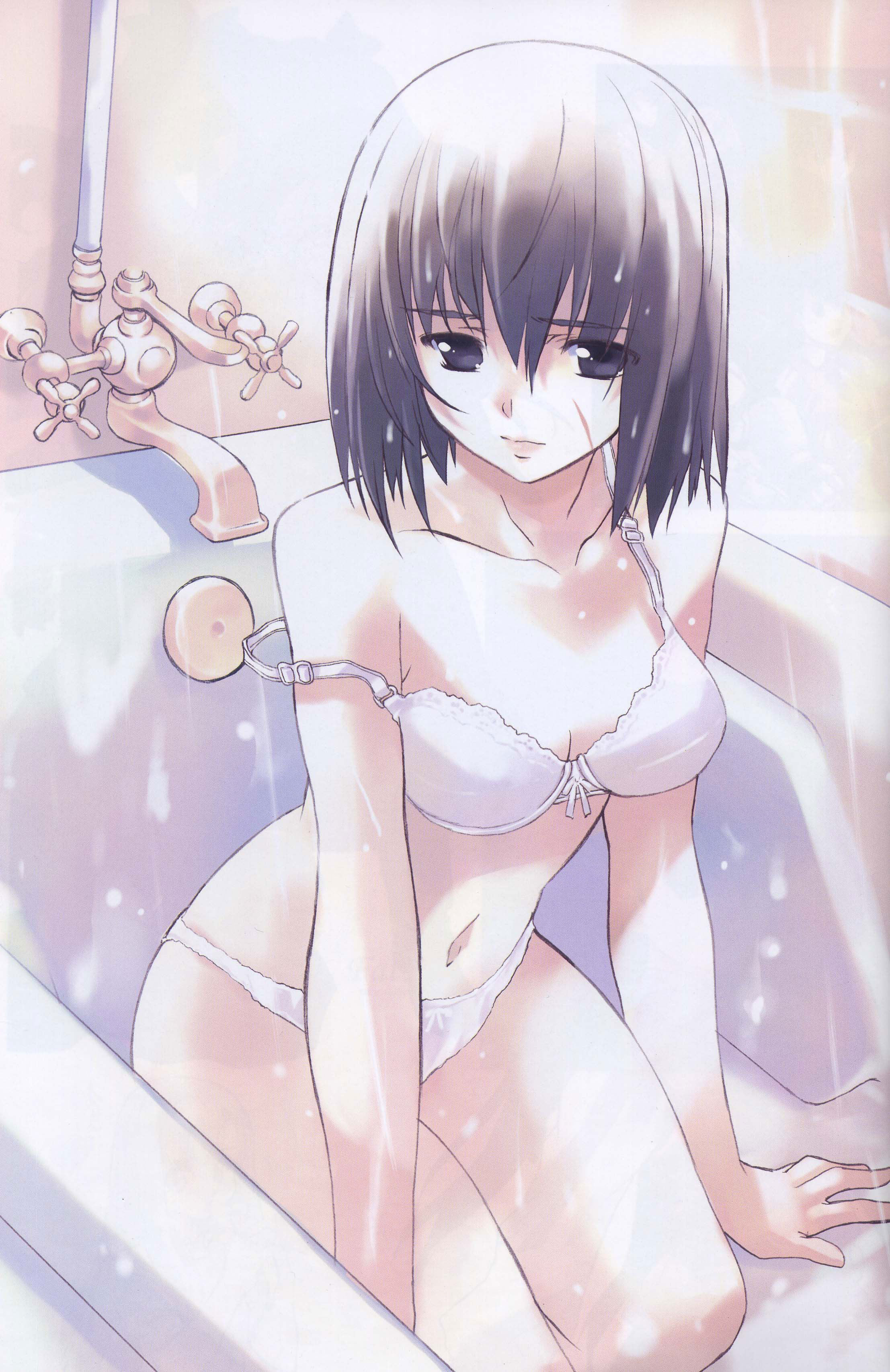 matsumoto noriyuki, absurdres, highres, 1girl, arm support, bathtub, bow, bow bra, bow panties, bra, female focus, kneeling, lingerie, panties, scar, short hair, solo, strap slip, underwear, underwear only, wet, wet clothes, white bra, white panties