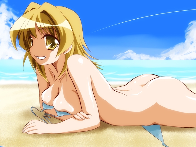 momose kurumi, pani poni dash!, 00s, 1girl, ass, beach, breasts, day, female focus, nude, outdoors, sky, solo