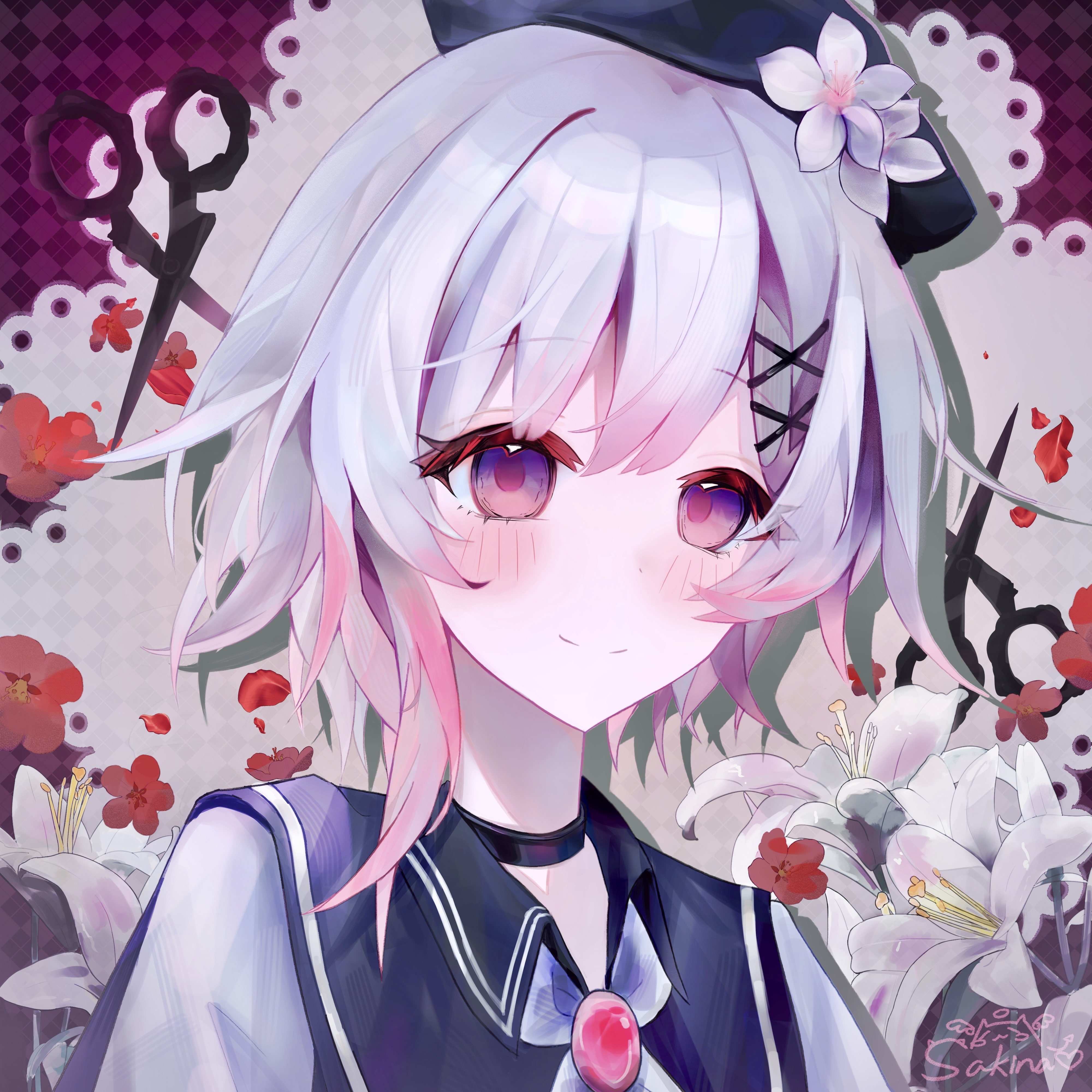 sakuraba ema, mahou shoujo no majo saiban, white lily, absurdres, chinese commentary, commentary request, highres, 1girl, beret, black choker, black hat, brooch, choker, closed mouth, fennu tu gou 111, floral background, flower, hair flower, hair ornament, hat, jewelry, looking at viewer, magical girl, multicolored hair, pink eyes, pink hair, red flower, scissors, short hair, smile, solo, upper body, white flower, white hair, x hair ornament