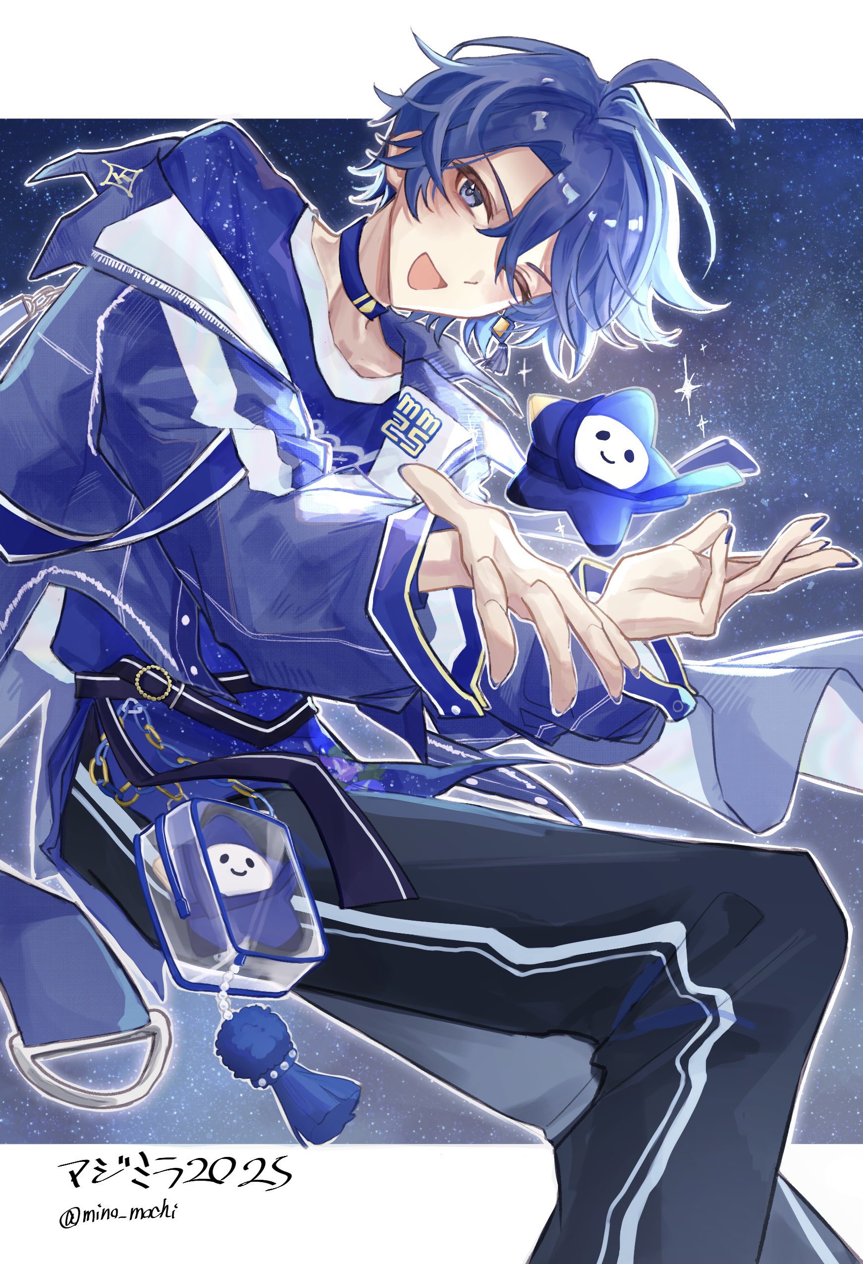 mino mochi, kaito (vocaloid), vocaloid, absurdres, commentary request, highres, 1boy, ;d, black pants, blue choker, blue eyes, blue hair, blue jacket, choker, double-parted bangs, feet out of frame, hair between eyes, hands up, jacket, long sleeves, looking at viewer, male focus, one eye closed, open mouth, outline, pants, short hair, sitting, smile, solo, star (sky), starry sky background, twitter username, white outline