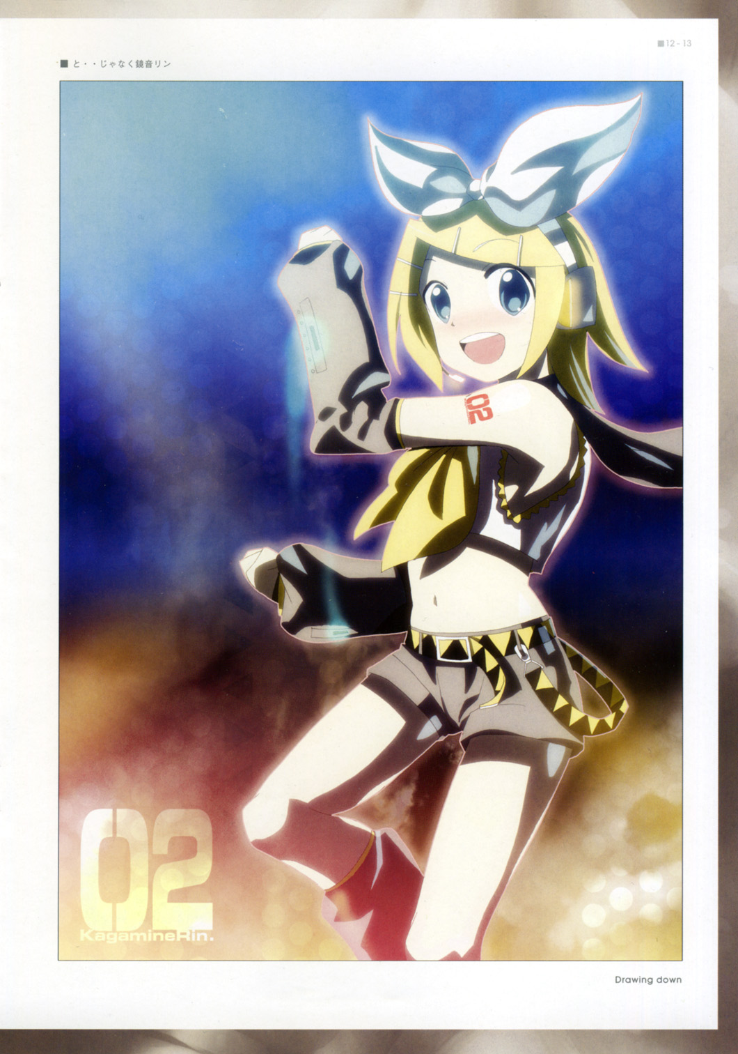 kei (keigarou), kagamine rin, vocaloid, highres, blonde hair, blue eyes, detached sleeves, headphones, midriff, ribbon, short hair, shorts, solo