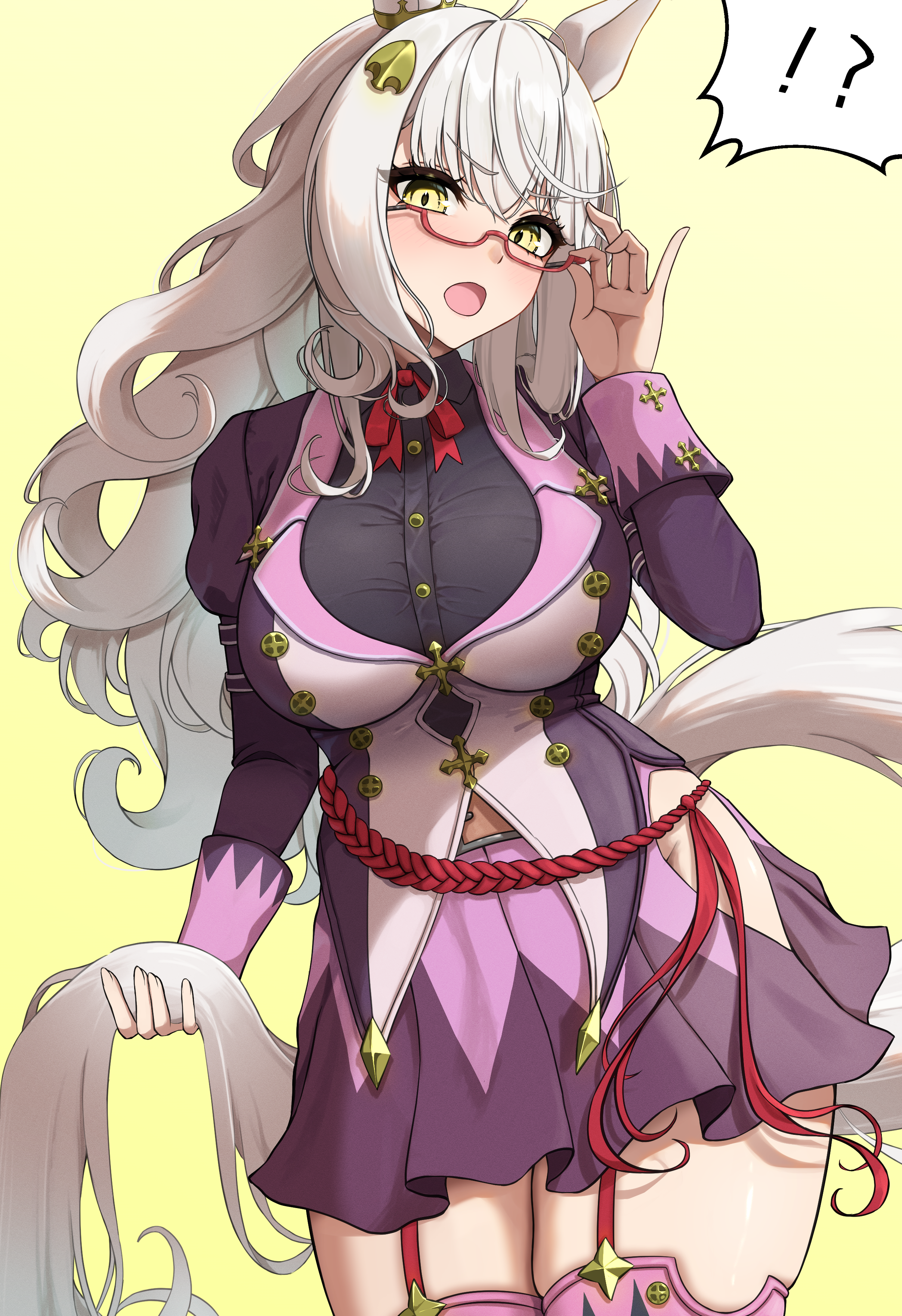 azuki (azuki azukki), biwa hayahide (umamusume), umamusume, absurdres, highres, 1girl, animal ears, black jacket, black shirt, blush, breasts, ear ornament, garter straps, glasses, grey hair, horse ears, horse girl, horse tail, jacket, large breasts, long hair, long sleeves, looking at viewer, open mouth, purple skirt, red-framed eyewear, semi-rimless eyewear, shirt, simple background, skirt, tail, thighhighs, yellow background