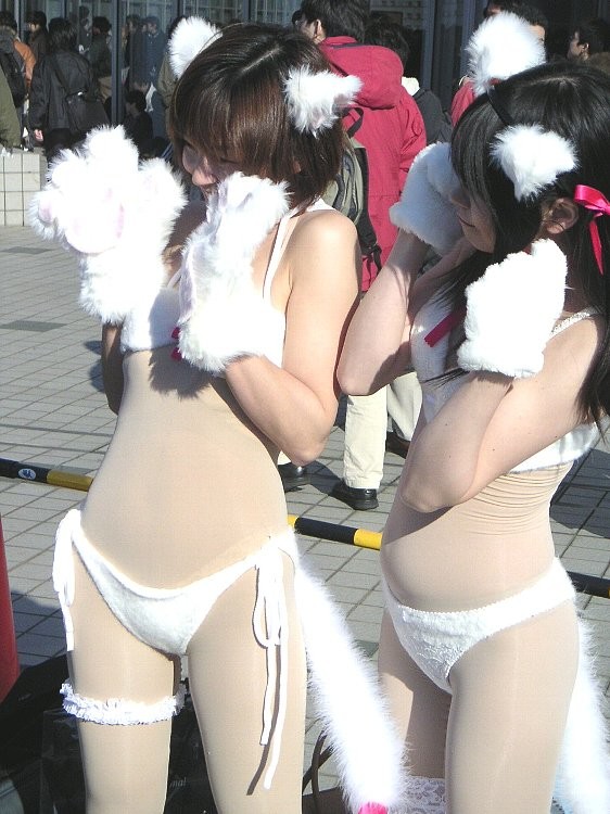 nya, fur, photo (medium), 2girls, animal ears, asian, black hair, bra, brown hair, cat, cat ears, cat tail, cosplay, female focus, formal clothes, lingerie, long hair, multiple girls, panties, side-tie panties, suit, tail, underwear