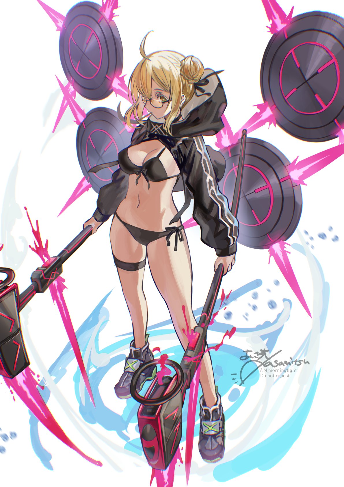 asamitsu (n morninglight), artoria pendragon (fate), mysterious heroine xx alter (fate), fate/grand order, fate (series), highres, 1girl, ahoge, bikini, black bikini, black shrug, blonde hair, braid, breasts, cleavage, double bun, full body, glasses, hair bun, large breasts, long sleeves, looking at viewer, medium hair, navel, scythe, shoes, shrug (clothing), sidelocks, sneakers, solo, swimsuit, yellow eyes