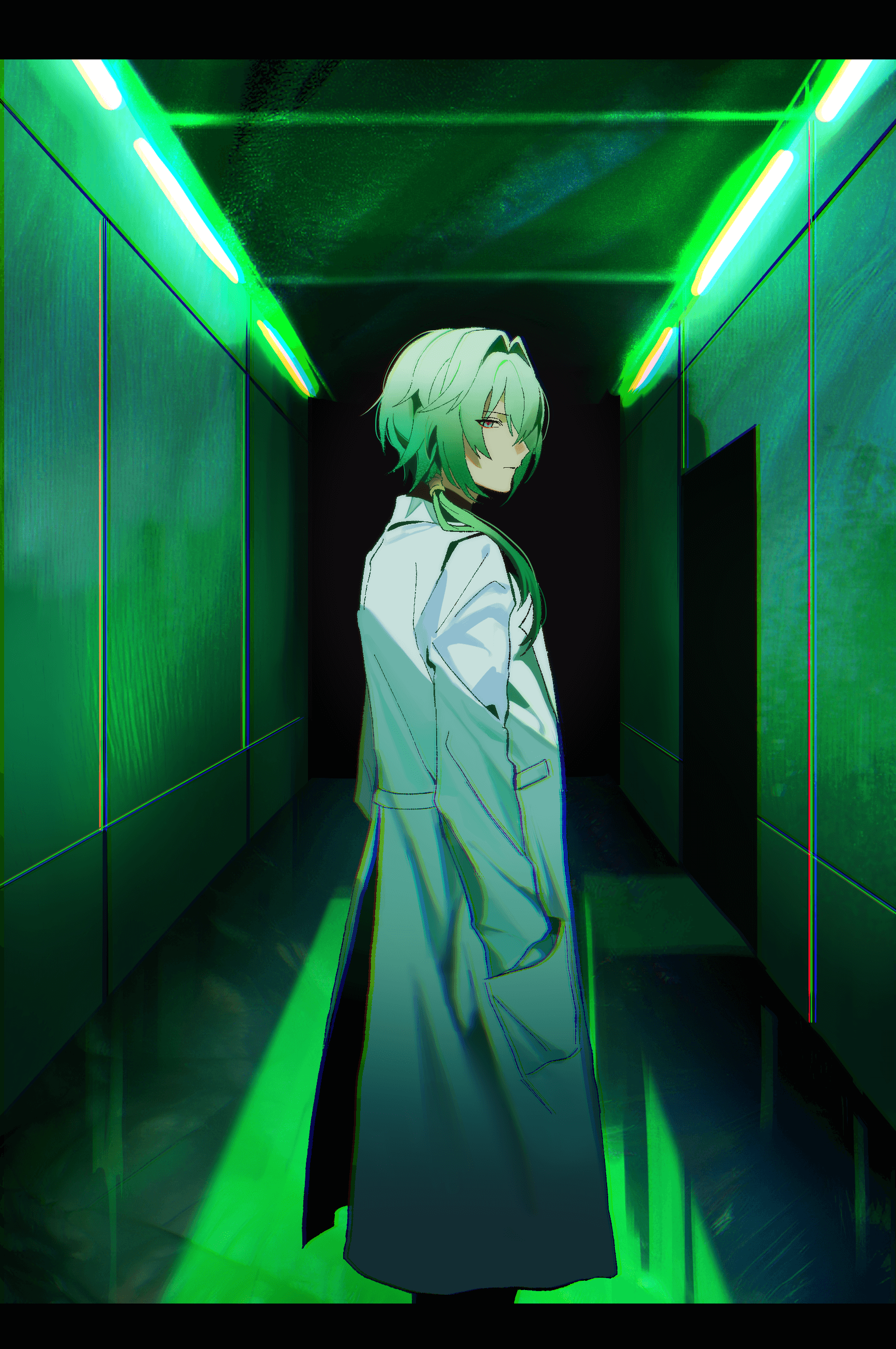 anaxa (honkai: star rail), honkai: star rail, honkai (series), absurdres, highres, 1boy, alternate costume, aqua hair, blue eyes, closed mouth, coat, door, hair between eyes, half-closed eyes, hallway, hands in pockets, hazozoyaku, indoors, looking at viewer, male focus, medium hair, multicolored eyes, pink eyes, pink pupils, side ponytail, solo, standing, two-tone eyes, white coat