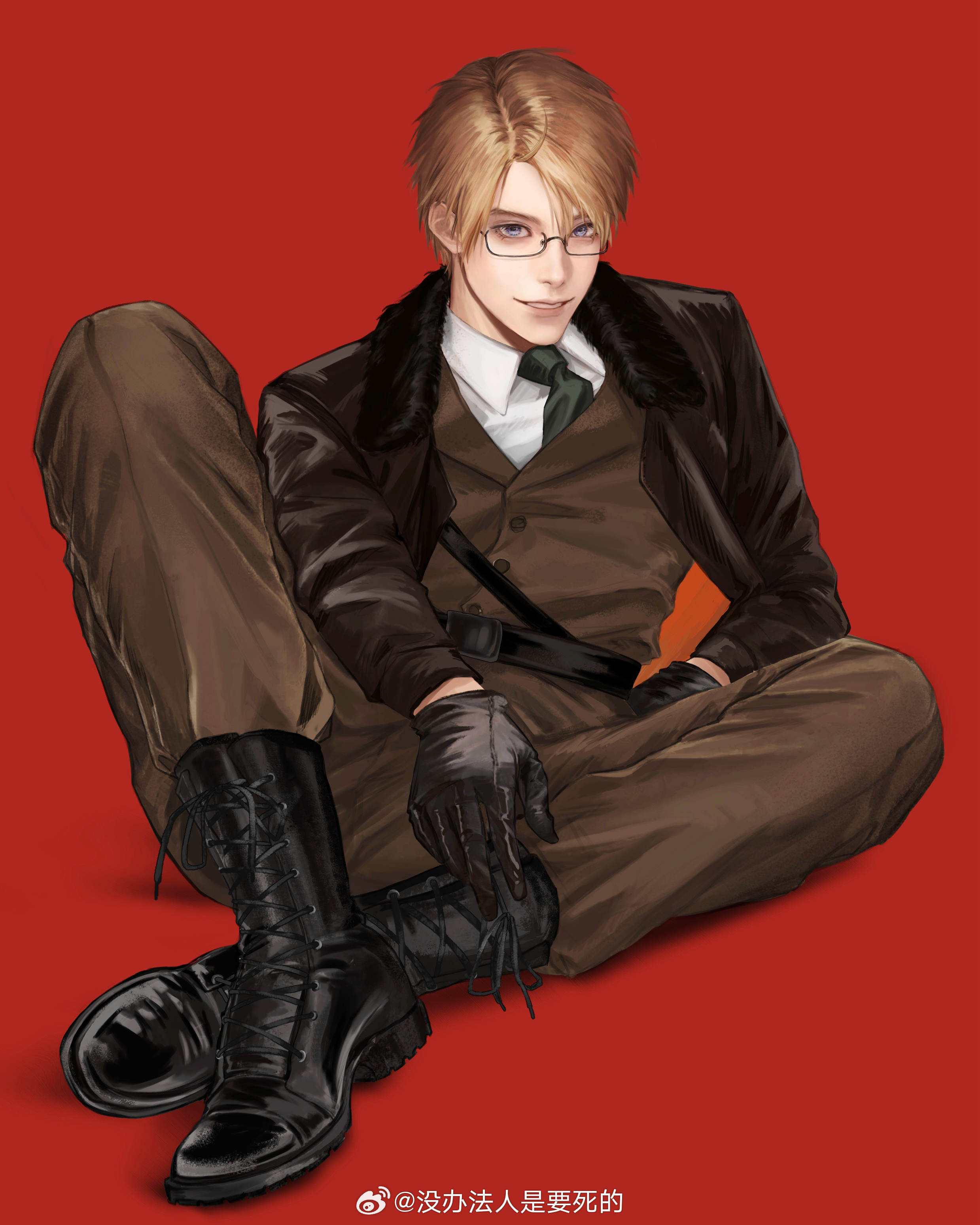 america (hetalia), axis powers hetalia, absurdres, highres, 1boy, ahoge, black gloves, blonde hair, blue eyes, bomber jacket, boots, collared shirt, full body, fur-trimmed jacket, fur trim, glasses, gloves, jacket, long sleeves, looking at viewer, male focus, mei banfa ren shi yaosi de, necktie, pants, realistic, red background, shirt, short hair, simple background, sitting, smile, solo, white shirt