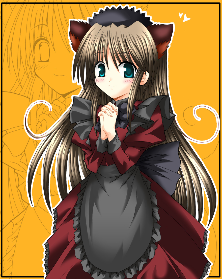 kohakugin, animal ears, blue eyes, blush, brown hair, cat ears, long hair, maid, solo