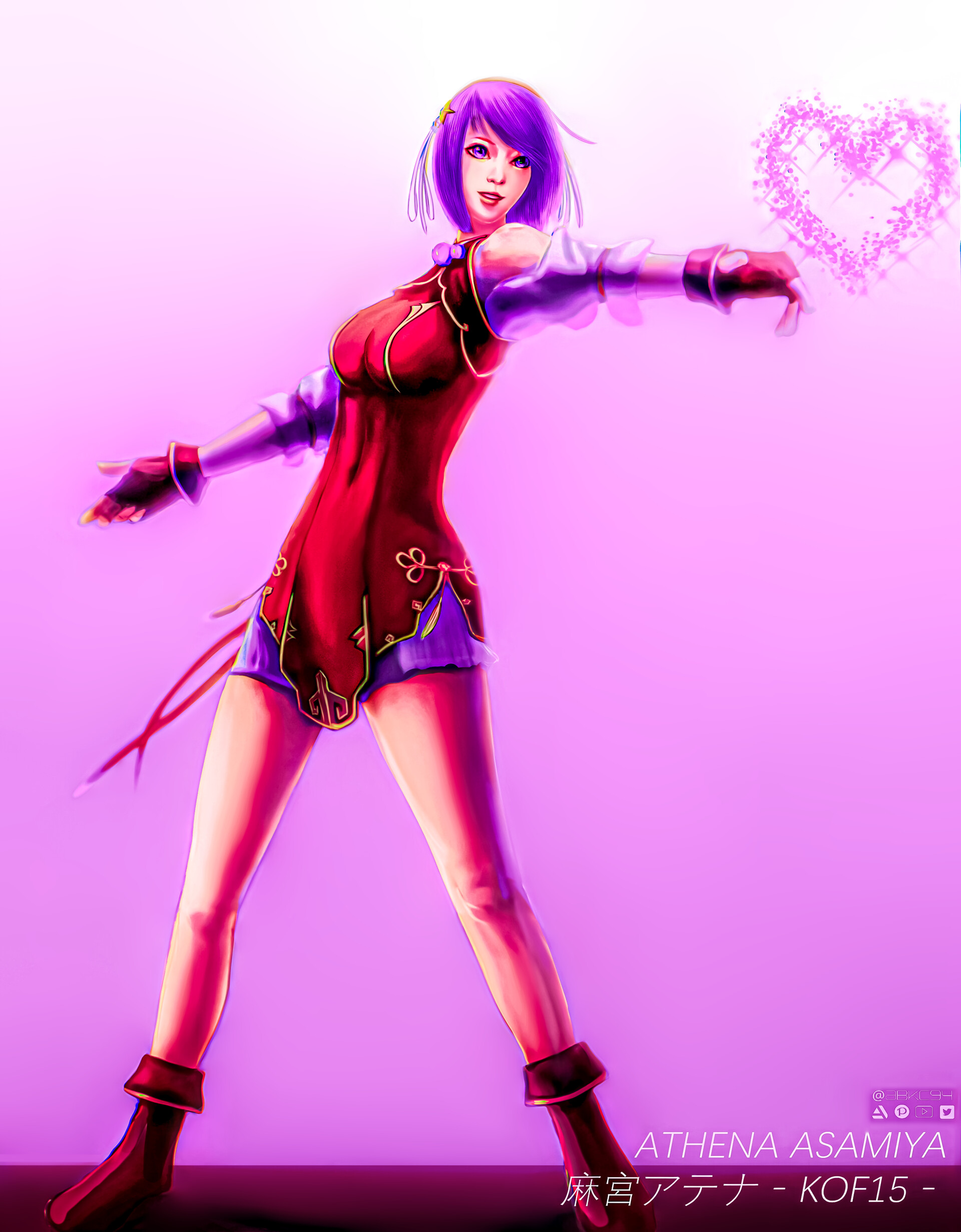 abkc94, asamiya athena, the king of fighters, 1girl, boots, breasts, dress, female focus, hairband, hands up, heart, huge breasts, large breasts, pale skin, purple eyes, purple hair, shoes, short hair, standing, star (symbol), thighs, wide hips