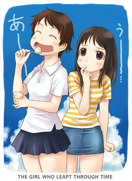 takagi hideaki, konno makoto, konno miyuki, toki wo kakeru shoujo, striped, 00s, 2girls, blush, brown eyes, brown hair, eating, finger to mouth, food, multiple girls, open mouth, pudding, siblings, sisters, skirt, spoon