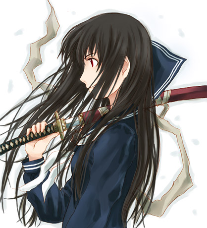 takagi hideaki, lowres, black hair, katana, long hair, red eyes, school uniform, serafuku, solo, sword, weapon