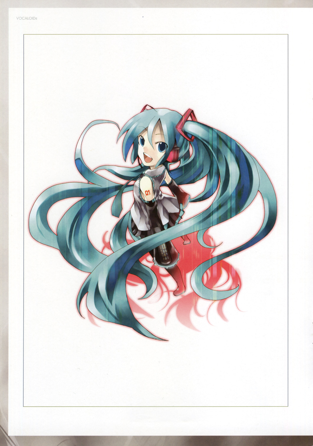 kei (keigarou), hatsune miku, vocaloid, highres, blue eyes, detached sleeves, foreshortening, headphones, long hair, microphone, miniskirt, necktie, skirt, solo, twintails