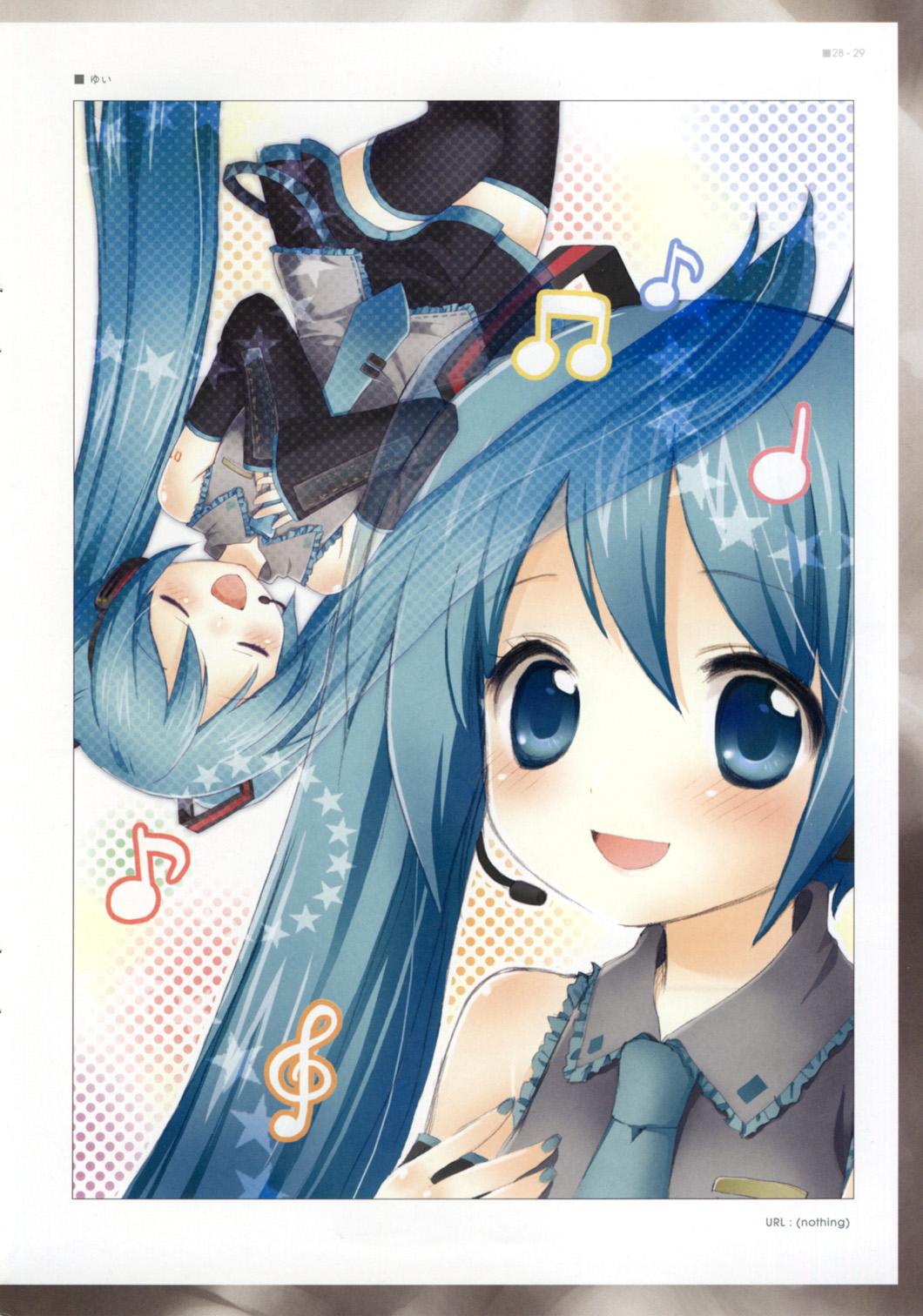 hatsune miku, vocaloid, highres, 1girl, beamed quavers, blue eyes, blue hair, detached sleeves, headphones, long hair, miniskirt, multiple views, musical note, quaver, skirt, thighhighs, treble clef, twintails, zettai ryouiki
