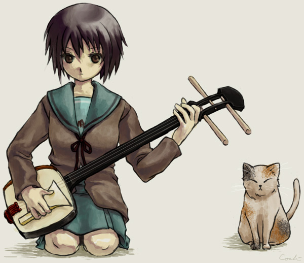cochi, nagato yuki, shamisen (suzumiya haruhi), suzumiya haruhi no yuuutsu, 00s, 1girl, calico (pattern), calico cat, cat, female focus, instrument, plectrum, shamisen, solo