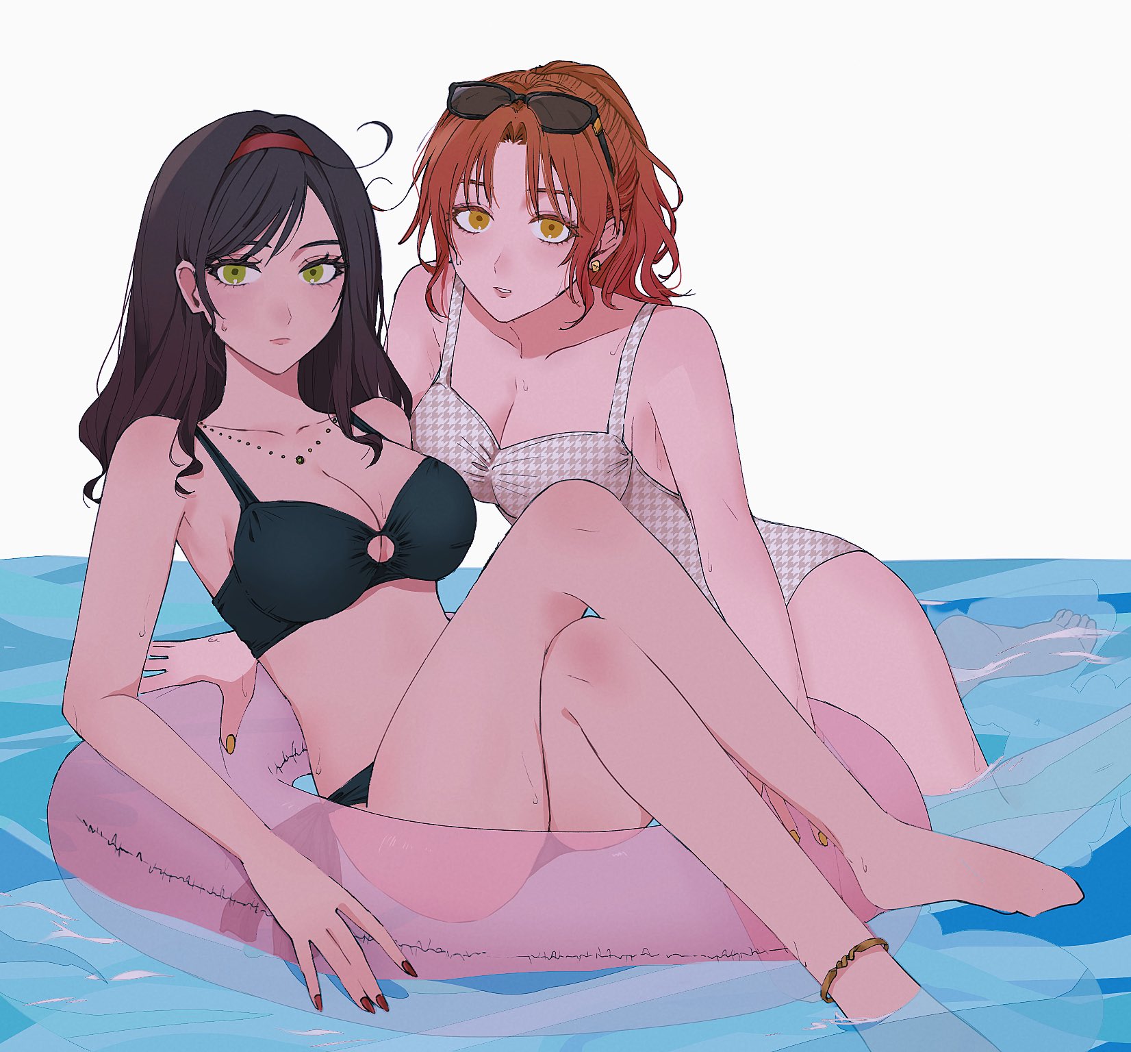 axis powers hetalia, highres, 2girls, ahoge, bikini, black bikini, breasts, brown eyes, brown hair, chabin b, cleavage, eyewear on head, genderswap, genderswap (mtf), green eyes, hairband, jewelry, large breasts, long hair, looking at viewer, multiple girls, necklace, northern italy (female) (hetalia), one-piece swimsuit, ponytail, siblings, sisters, southern italy (female) (hetalia), sunglasses, swim ring, swimsuit, water, wet