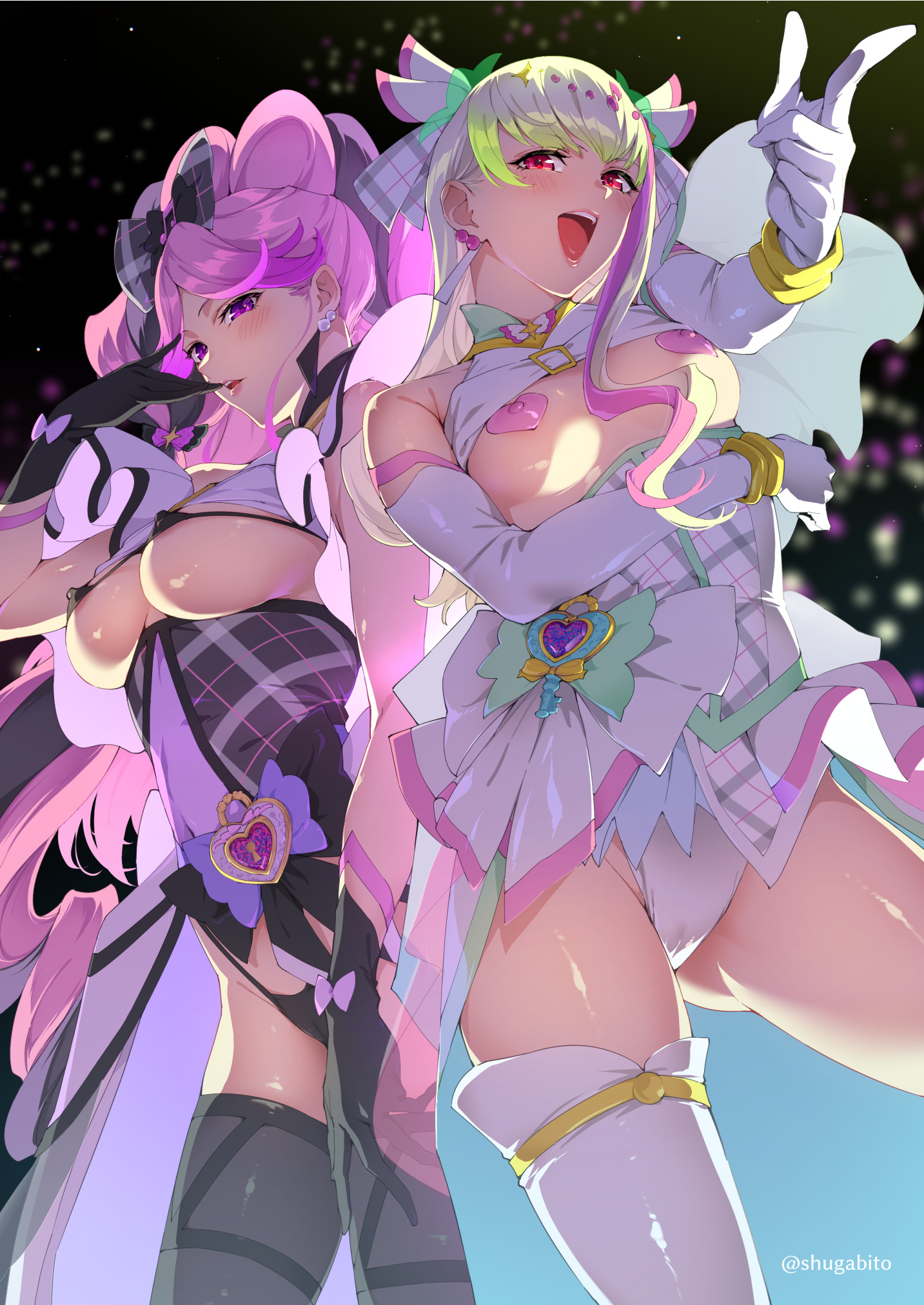 sugarbeat, cure kiss, cure zukyuun, meroron (precure), purirun (precure), kimi to idol precure, precure, commentary request, highres, 2girls, :d, black bra, black gloves, black panties, black thighhighs, bow, bra, bracelet, breasts, breasts out, cameltoe, content rating, cover, cover page, covered erect nipples, earrings, elbow gloves, fortissimo, gloves, green hair, hair bow, hair ornament, hair ribbon, hand on own thigh, heart pasties, jewelry, lips, micro bra, multicolored hair, multiple girls, musical note, musical note hair ornament, open mouth, panties, pasties, pink hair, plaid bow, plaid clothes, purple eyes, red eyes, ribbon, single thighhigh, smile, string bra, string panties, teeth, thighhighs, two-tone hair, underbust, underwear, upper teeth only, white gloves, white panties, white thighhighs