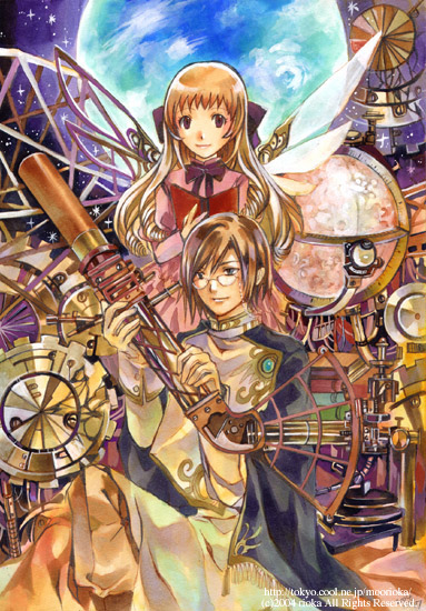 rioka (southern blue sky), 1boy, 1girl, blonde hair, couple, glasses, globe, hetero, machine, space, wings