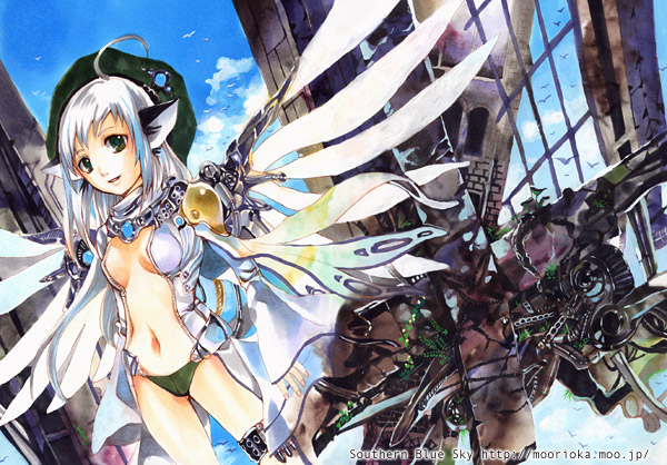 rioka (southern blue sky), 1girl, animal ears, cat ears, female focus, flying, solo, white hair, wings