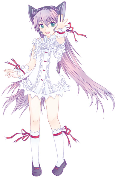al azif (demonbane), demonbane, 00s, 1girl, animal ears, cat ears, female focus, lingerie, loafers, long hair, purple hair, ribbon, shoes, socks, solo, underwear