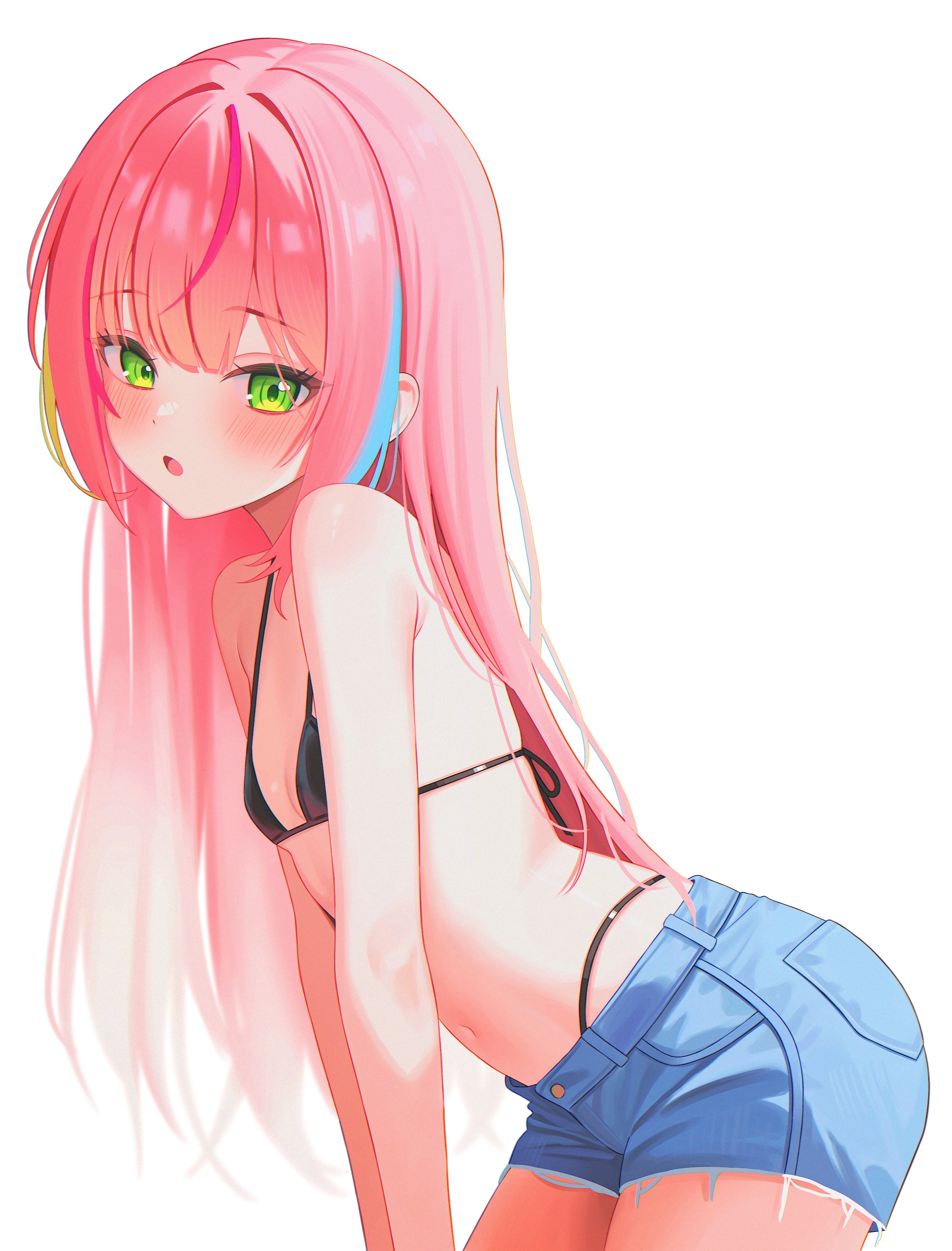yeoun, hanako nana, stellive, absurdres, commentary request, highres, korean commentary, 1girl, :o, aqua streaks, bikini, bikini under shorts, black bikini, blue shorts, blush, cutoffs, denim, denim shorts, flat chest, from side, green streaks, highleg, highleg bikini, leaning forward, long hair, looking at viewer, looking to the side, multicolored hair, navel, no shirt, open mouth, petite, pink hair, pink streaks, short shorts, shorts, simple background, solo, standing, stomach, straight hair, streaked hair, string bikini, swimsuit, turning head, very long hair, virtual youtuber, white background, wispy bangs