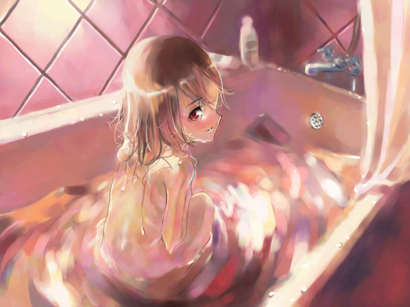 haimura kiyotaka, rainbow spectrum, hilde (hotel ergriffen), hotel ergriffen, game cg, 1girl, bath, brown hair, female focus, nude, red eyes, solo