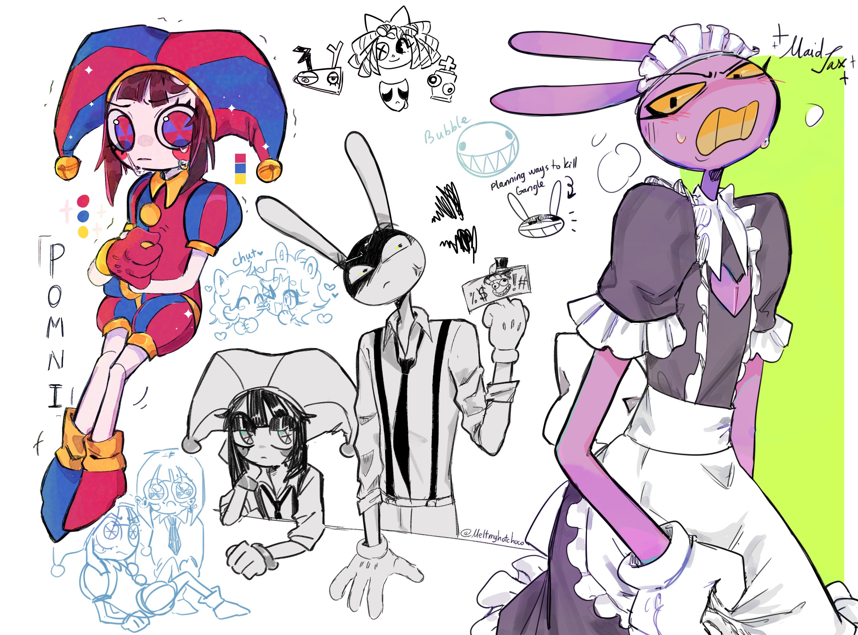 gangle (the amazing digital circus), jax (the amazing digital circus), kinger (the amazing digital circus), pomni (the amazing digital circus), ragatha (the amazing digital circus), zooble (the amazing digital circus), the amazing digital circus, highres, animal ears, apron, arm support, blue eyes, blush, bubble, clenched teeth, dress, flustered, gloves, hat, jester cap, jester costume, maid, maid apron, maid headdress, middle finger, multicolored eyes, multiple views, pink eyes, puffy short sleeves, puffy sleeves, purple dress, rabbit boy, rabbit ears, red gloves, short sleeves, sketch, teeth, two-tone eyes, white gloves