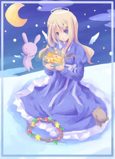 angel, blonde hair, dress, halo, long hair, moon, night, solo, star (symbol), wings