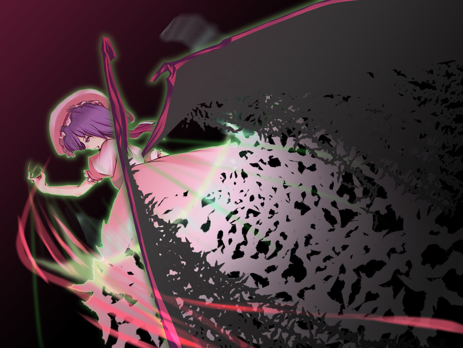 remilia scarlet, touhou, 1girl, bat wings, female focus, gradient background, hat, purple hair, red eyes, solo, wings