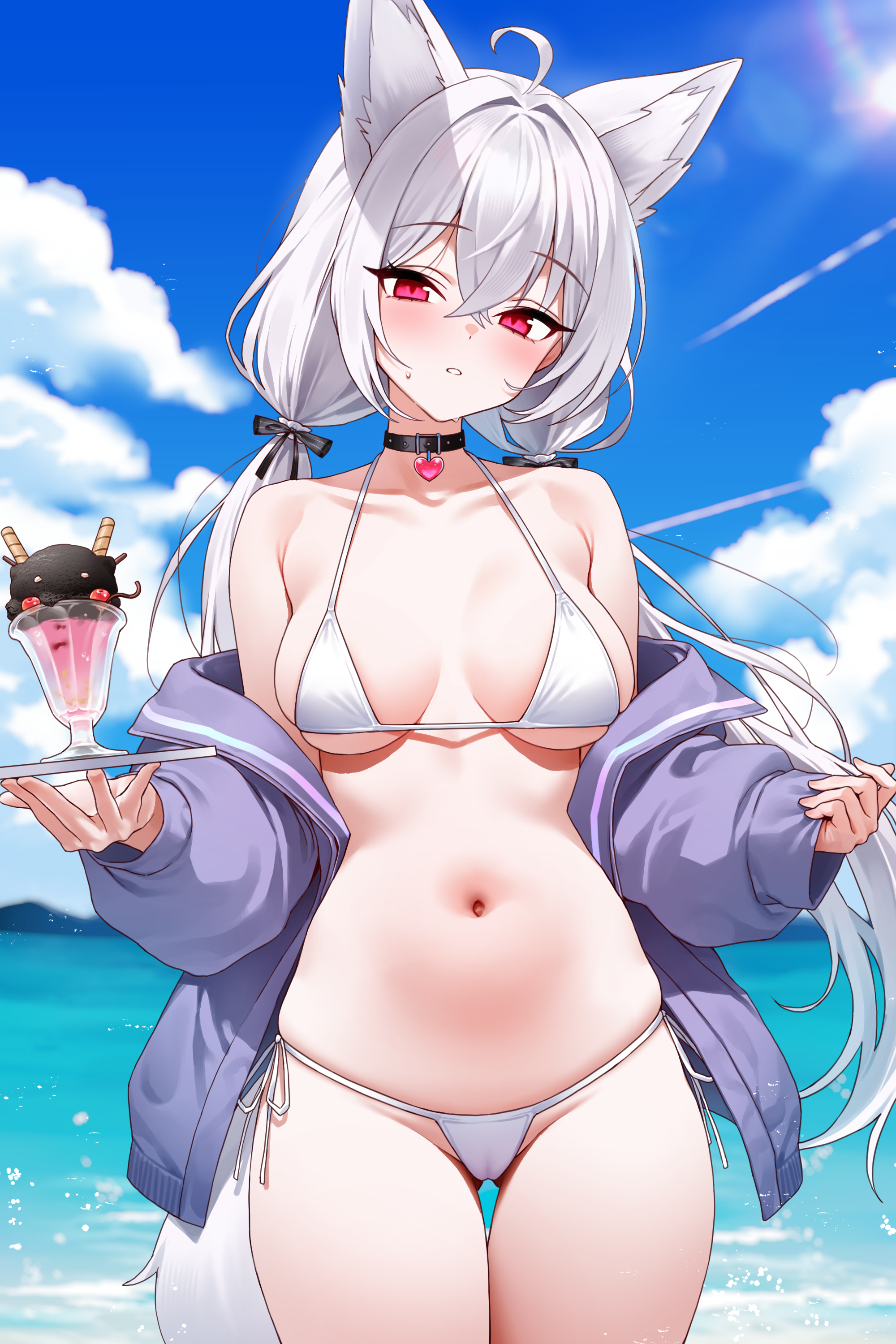 chano39, kumaru (vtuber), indie virtual youtuber, absurdres, commentary, highres, 1girl, ahoge, animal ears, armpit crease, bare shoulders, bikini, breasts, breasts apart, cameltoe, collarbone, cowboy shot, day, food, fox ears, fox girl, fox tail, gluteal fold, hair ribbon, halterneck, jacket, long hair, looking at viewer, low twintails, medium breasts, navel, off shoulder, outdoors, parfait, parted lips, purple jacket, red eyes, ribbon, side-tie bikini bottom, sky, solo, stomach, string bikini, sunlight, sweatdrop, swimsuit, tail, thigh gap, thighs, twintails, very long hair, virtual youtuber, white bikini, white hair
