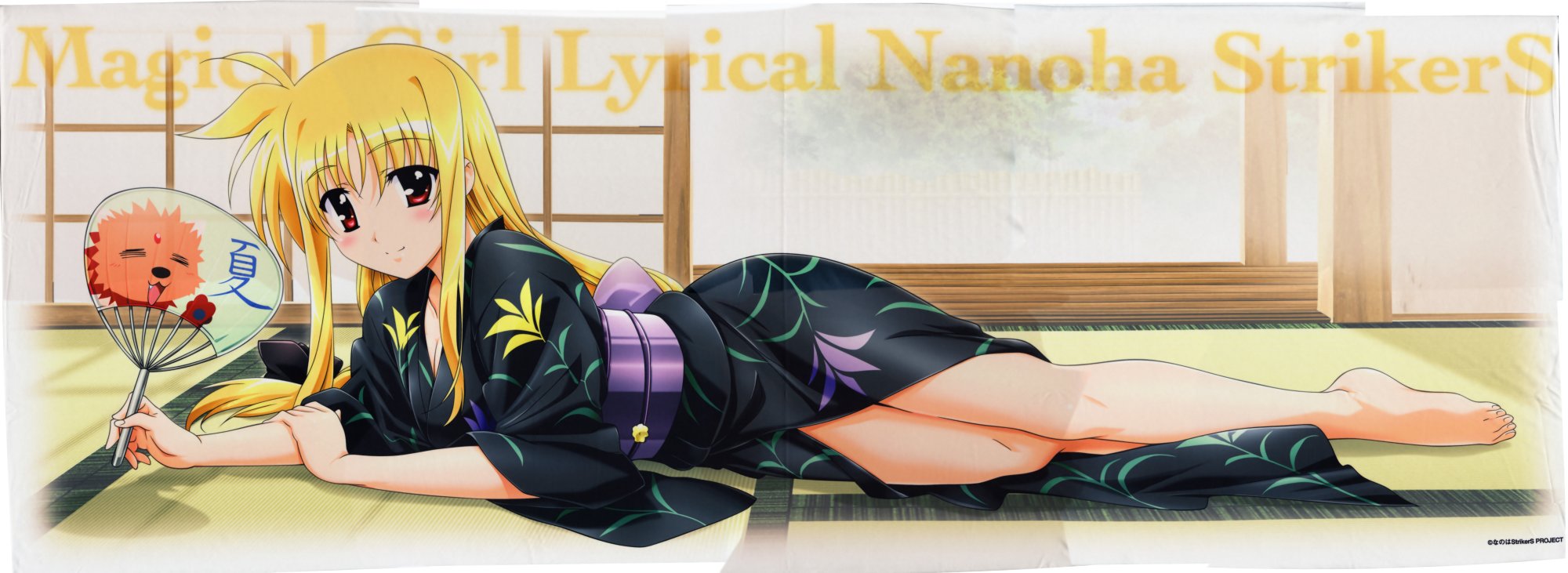 okuda yasuhiro, fate testarossa, lyrical nanoha, mahou shoujo lyrical nanoha, mahou shoujo lyrical nanoha strikers, highres, long image, scan, scan artifacts, stitched, third-party edit, wide image, 00s, 1girl, barefoot, blonde hair, blush, crease, feet, female focus, hand fan, japanese clothes, kimono, looking at viewer, lying, on side, paper fan, red eyes, solo, tatami, toes, uchiwa