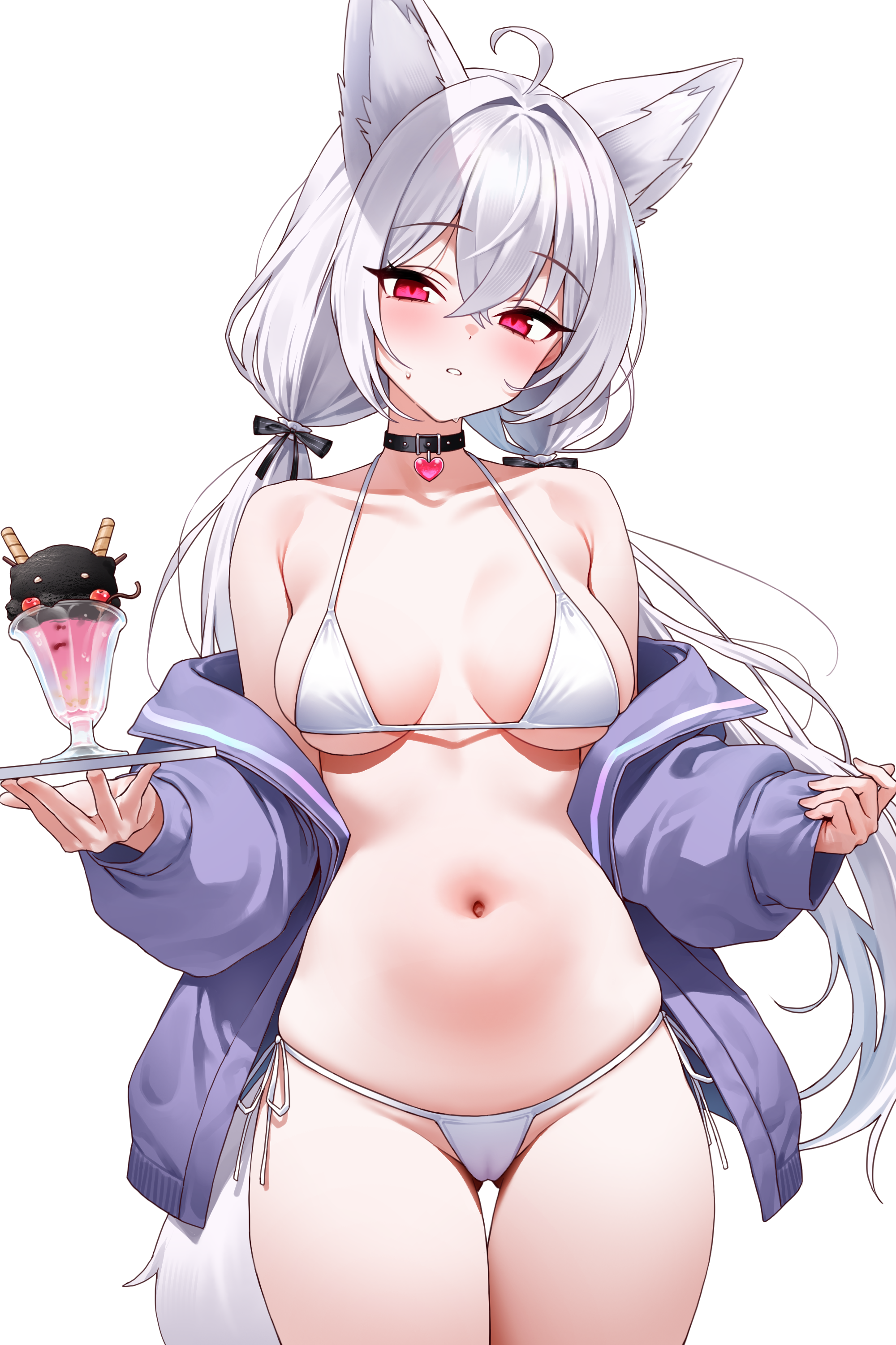 chano39, kumaru (vtuber), indie virtual youtuber, absurdres, commentary, highres, 1girl, ahoge, animal ears, armpit crease, bare shoulders, bikini, breasts, breasts apart, cameltoe, collarbone, cowboy shot, food, fox ears, fox girl, fox tail, gluteal fold, hair ribbon, halterneck, jacket, long hair, looking at viewer, low twintails, medium breasts, navel, off shoulder, outdoors, parfait, parted lips, purple jacket, red eyes, ribbon, side-tie bikini bottom, simple background, solo, stomach, string bikini, sunlight, sweatdrop, swimsuit, tail, thigh gap, thighs, twintails, very long hair, virtual youtuber, white background, white bikini, white hair