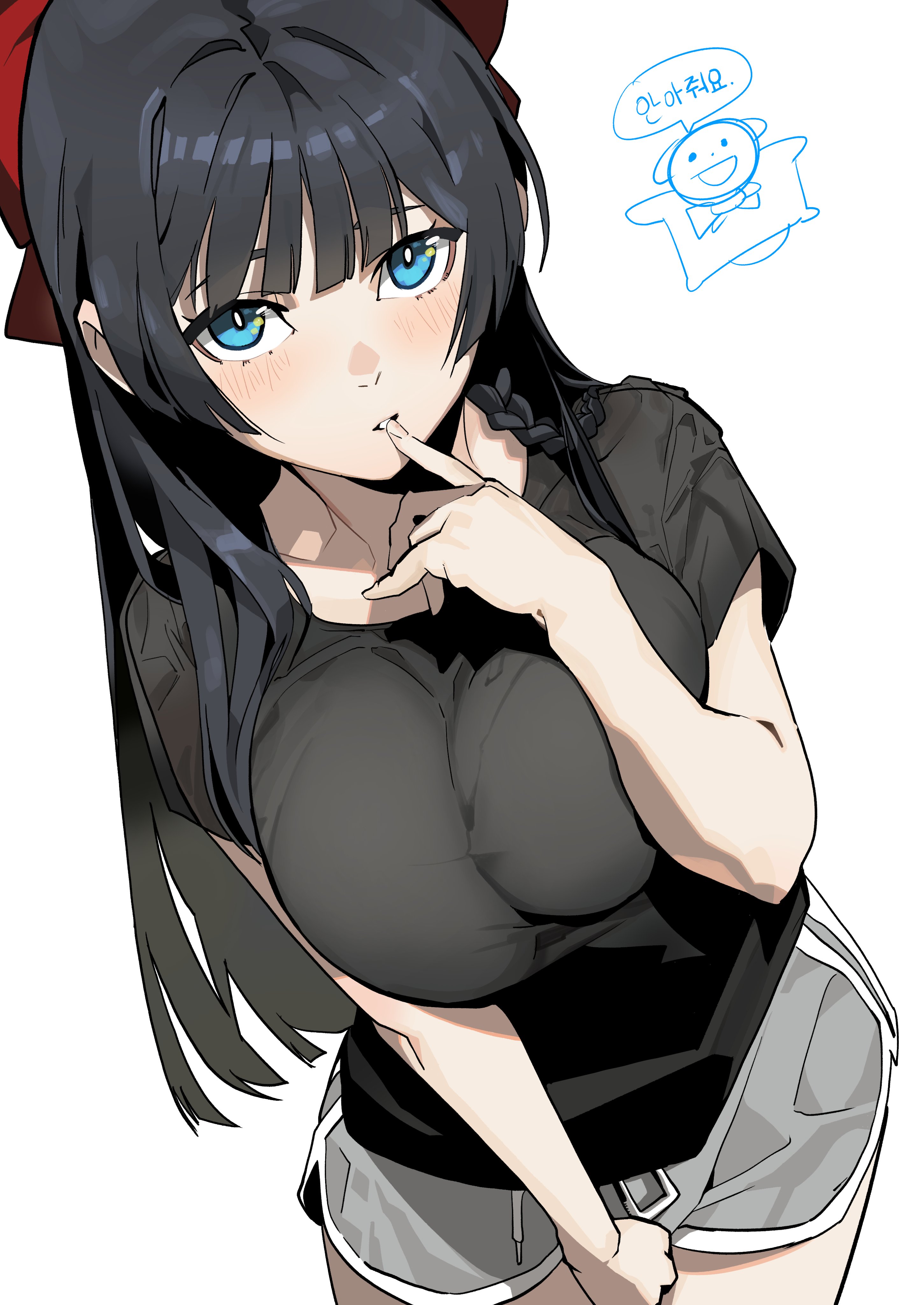 eg58561415, shirayuki hina, stellive, absurdres, commentary, commission, highres, translation request, 1girl, black hair, black shirt, blue eyes, blunt ends, blush, bow, braid, breasts, cowboy shot, dolphin shorts, finger to mouth, grey shorts, haedungi (shirayuki hina), hair bow, hand up, index finger raised, korean text, large breasts, long hair, parted lips, red bow, shirt, short shorts, short sleeves, shorts, side braid, simple background, solo, speech bubble, standing, straight hair, t-shirt, white background, wispy bangs