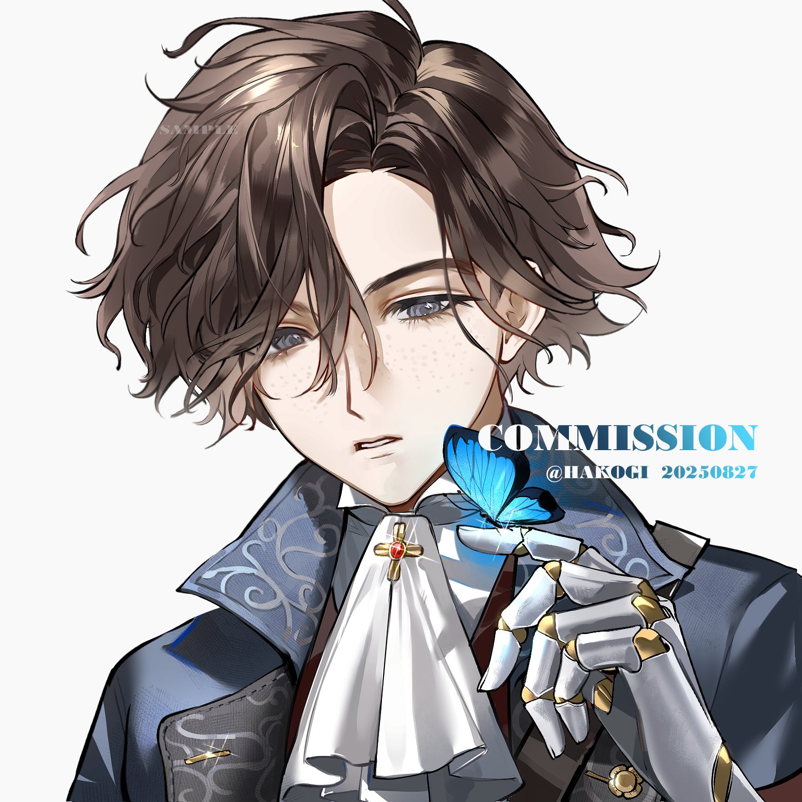 hakogiiii, pinocchio (lies of p), lies of p, commission, highres, 1boy, ascot, blue butterfly, blue coat, blue jacket, brown hair, bug, butterfly, coat, english text, freckles, grey eyes, hair between eyes, half-closed eyes, insect, jacket, male focus, mechanical arms, parted bangs, parted lips, prosthesis, prosthetic arm, prosthetic hand, sample watermark, short hair, simple background, single mechanical arm, solo, teeth, twitter username, upper body, watermark, white ascot, white background