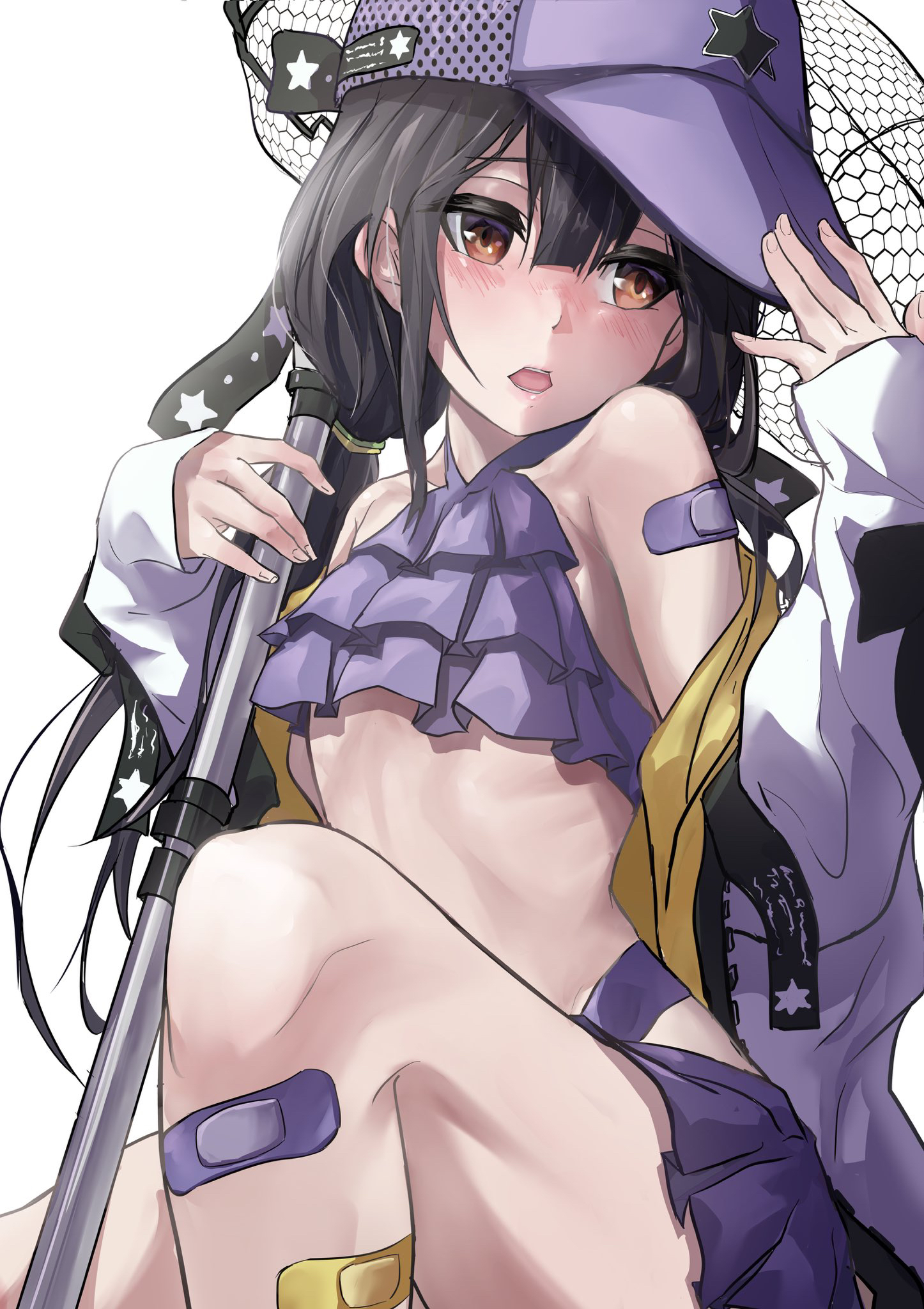 miyu edelfelt, fate/grand order, fate (series), highres, 1girl, bandaid, bare shoulders, baseball cap, bikini, black hair, blush, breasts, brown eyes, butterfly net, frilled bikini, frills, hair ornament, hairclip, hand net, hat, jacket, long hair, long sleeves, looking to the side, low twintails, miyu edelfelt (swimsuit lancer) (second ascension), off shoulder, open mouth, purple bikini, purple hat, sidelocks, small breasts, solo, swimsuit, thighs, twintails, white jacket, zasyuu 11