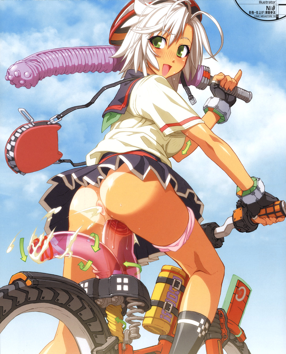 nishii (damnedrive), nitroplus, highres, painttool sai (medium), 1girl, :d, after anal, aftersex, anus, arrow (symbol), artist name, ass, bicycle, bike dildo, blush, cum, cum in ass, dildo, dildo bat, exhibitionism, feet out of frame, female focus, female masturbation, fingerless gloves, gloves, green eyes, happy, holding, kneepits, large insertion, legs, looking back, lube, machine, masturbation, miniskirt, mountain bicycle, no panties, nose blush, object insertion, open mouth, outdoors, panties, panties around leg, pink panties, pinky out, pleated skirt, public indecency, pussy, pussy juice, school uniform, see-through clothes, serafuku, sex machine, sex toy, shameless, short hair, short sleeves, skirt, smile, socks, solo, summer uniform, tan, tanline, uncensored, underwear, upskirt, vaginal, vaginal object insertion, wheel, white hair