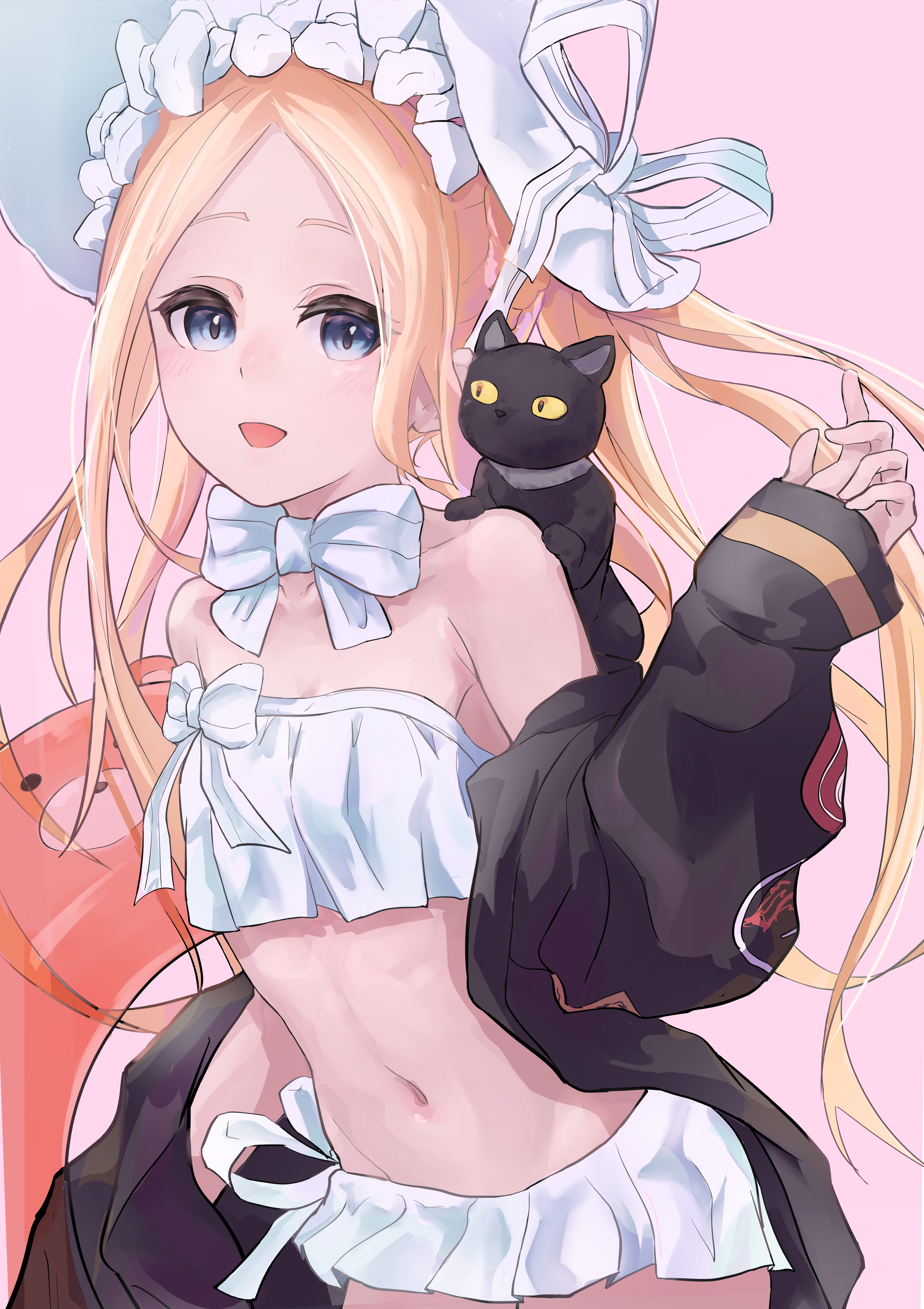 abigail williams (fate), abigail williams (swimsuit foreigner) (third ascension) (fate), fate/grand order, fate (series), abigail williams (swimsuit foreigner) (fate), absurdres, highres, 1girl, bare shoulders, bikini, black jacket, blonde hair, blue eyes, blush, bonnet, bow, breasts, forehead, hair bow, hat, innertube, jacket, long hair, long sleeves, looking at viewer, miniskirt, navel, off shoulder, open mouth, parted bangs, sidelocks, skirt, small breasts, smile, swim ring, swimsuit, twintails, very long hair, white bikini, white bow, white hat, zasyuu 11