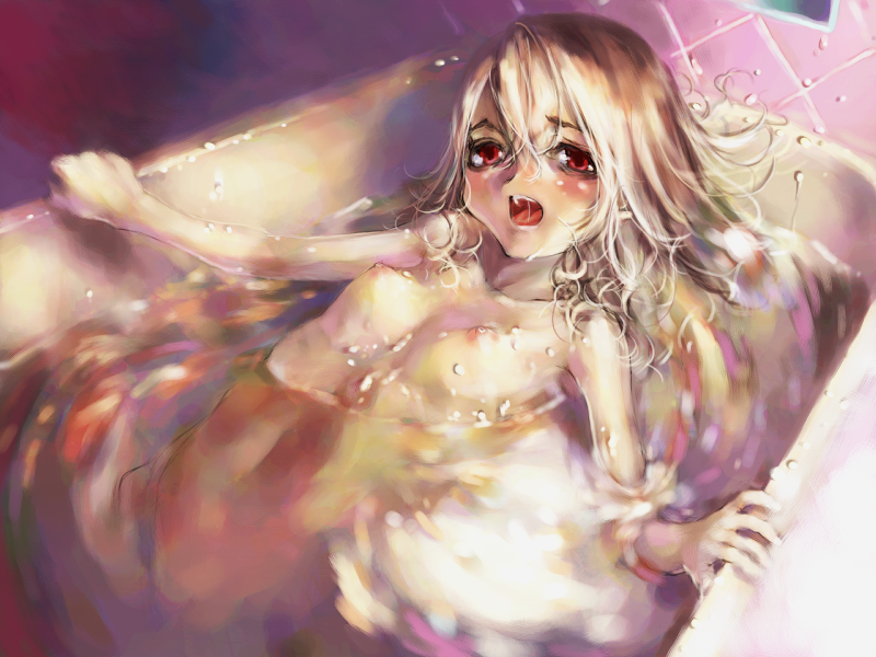 haimura kiyotaka, rainbow spectrum, hilde (hotel ergriffen), hotel ergriffen, game cg, 1girl, bath, breasts, brown hair, female focus, nipples, nude, red eyes, solo