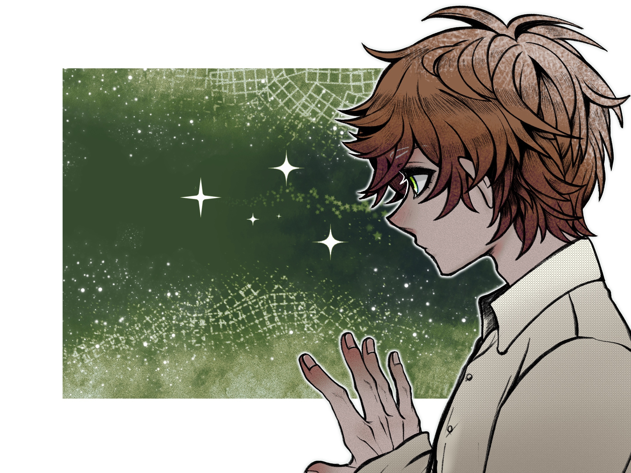 spain (hetalia), axis powers hetalia, highres, 1boy, brown hair, collared shirt, green eyes, male focus, profile, shirt, short hair, solo, tomato2755, upper body