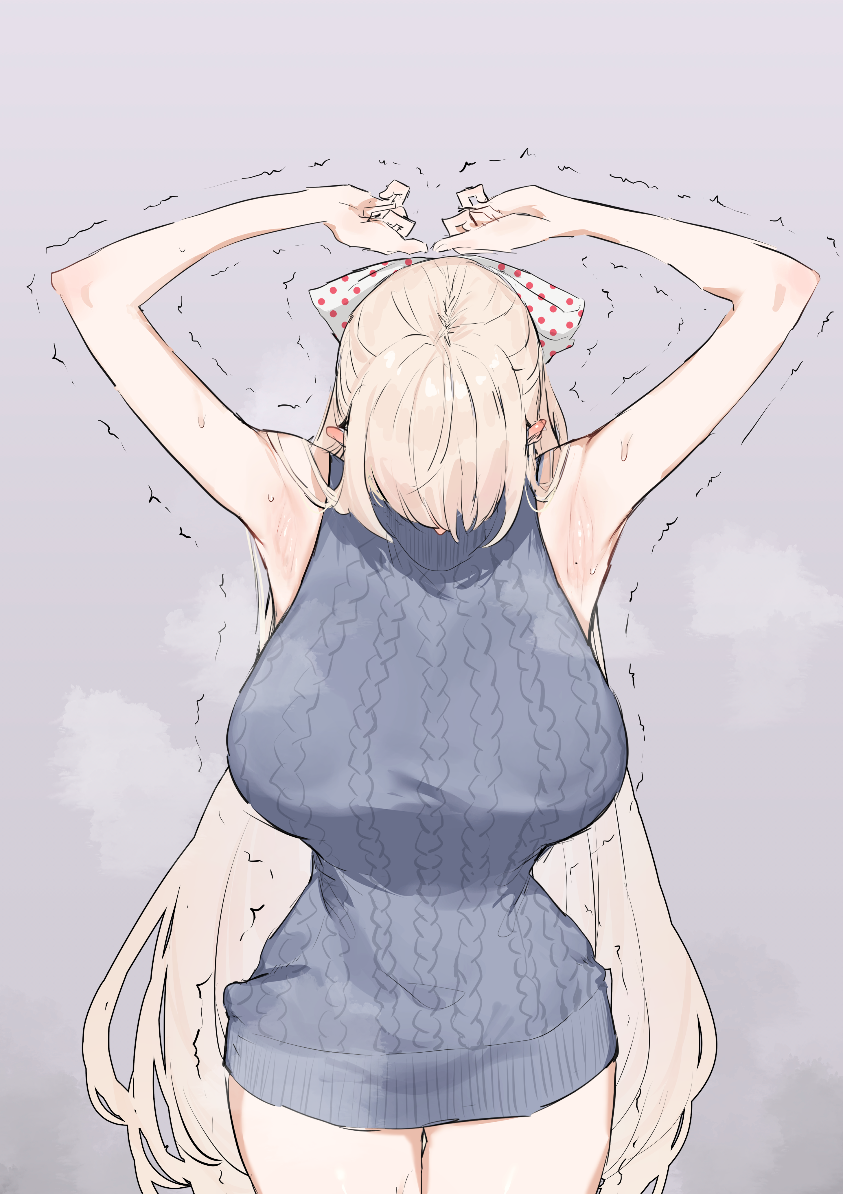 seoyong, eva (black survival), black survival, eternal return: black survival, absurdres, commentary request, highres, korean commentary, 1girl, alternate costume, armpits, arms up, bare arms, blonde hair, blush, bow, breasts, cowboy shot, ear blush, facing down, grey sweater, hair bow, huge breasts, long hair, polka dot, polka dot bow, presenting armpit, simple background, sleeveless, sleeveless sweater, solo, steaming body, sweat, sweater, thighs, trembling, very long hair