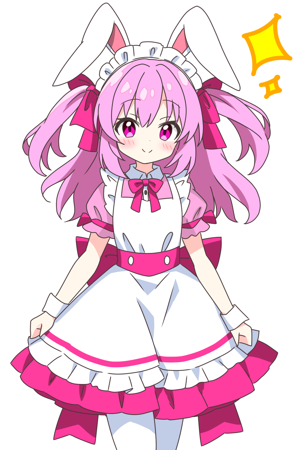 kotatsu-mazoku, original, commentary request, highres, 1girl, animal ears, apron, back bow, blush, bow, bowtie, closed mouth, collared dress, contrast collar, cowboy shot, dot nose, dress, frilled apron, frills, hair bow, long hair, looking at viewer, maid, maid headdress, pantyhose, pink bow, pink bowtie, pink dress, pink eyes, pink hair, rabbit ears, rabbit girl, short sleeves, simple background, smile, sparkle, two side up, white apron, white background, white pantyhose, wrist cuffs