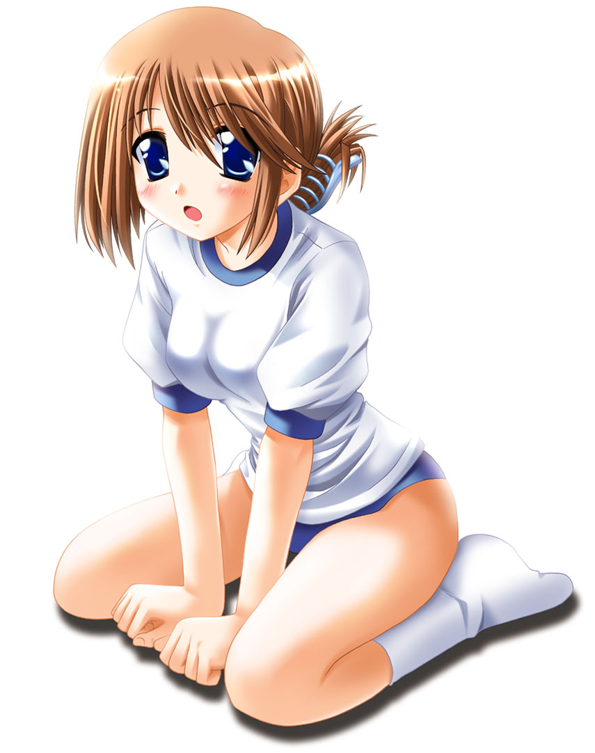 otoki raku, komaki manaka, to heart (series), to heart 2, 00s, 1girl, blue eyes, brown hair, buruma, female focus, folded ponytail, gym uniform, hair ornament, long hair, socks, solo