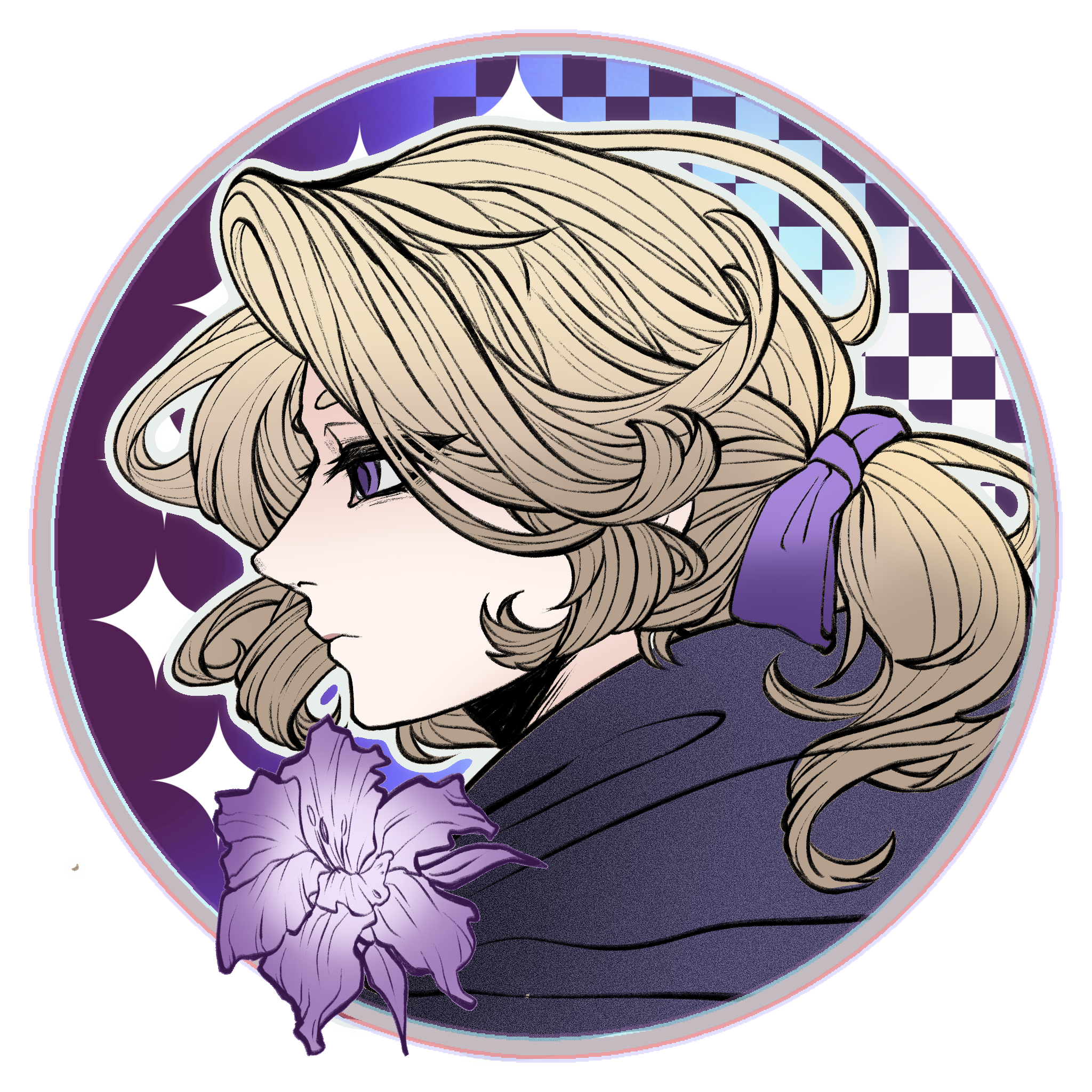 france (hetalia), axis powers hetalia, highres, 1boy, blonde hair, bow, flower, hair bow, male focus, medium hair, ponytail, portrait, profile, purple eyes, solo, tomato2755