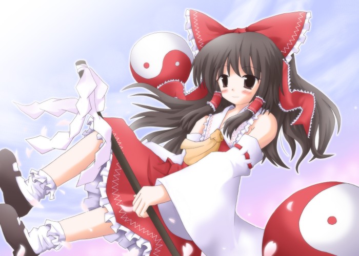 lzh, hakurei reimu, touhou, 1girl, female focus, gohei, gradient background, hair tubes, oonusa, outdoors, sky, solo, white background, yin yang